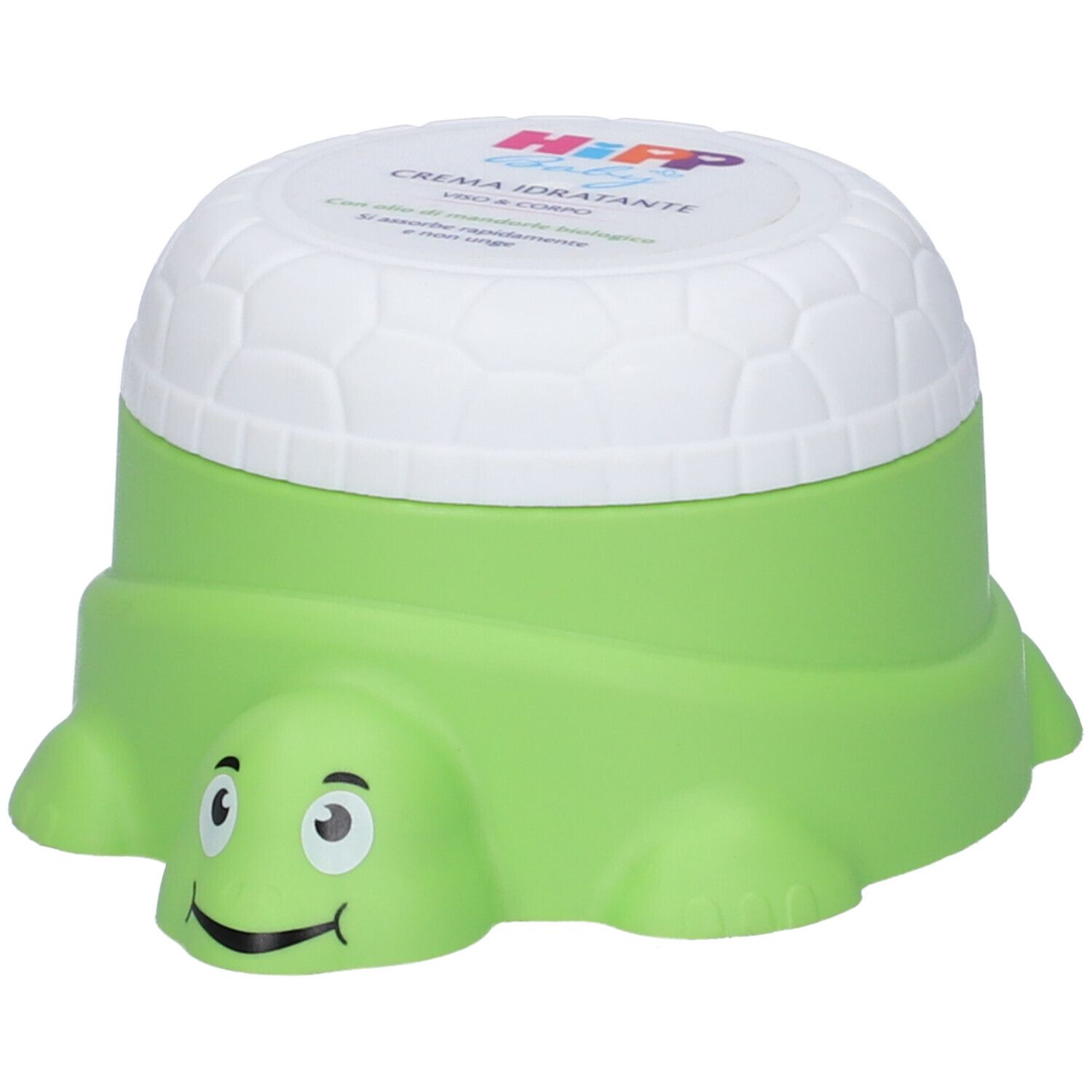 Vasetto di crema verde a forma di tartaruga con coperchio bianco. Sul coperchio è scritto "Hipp Baby".