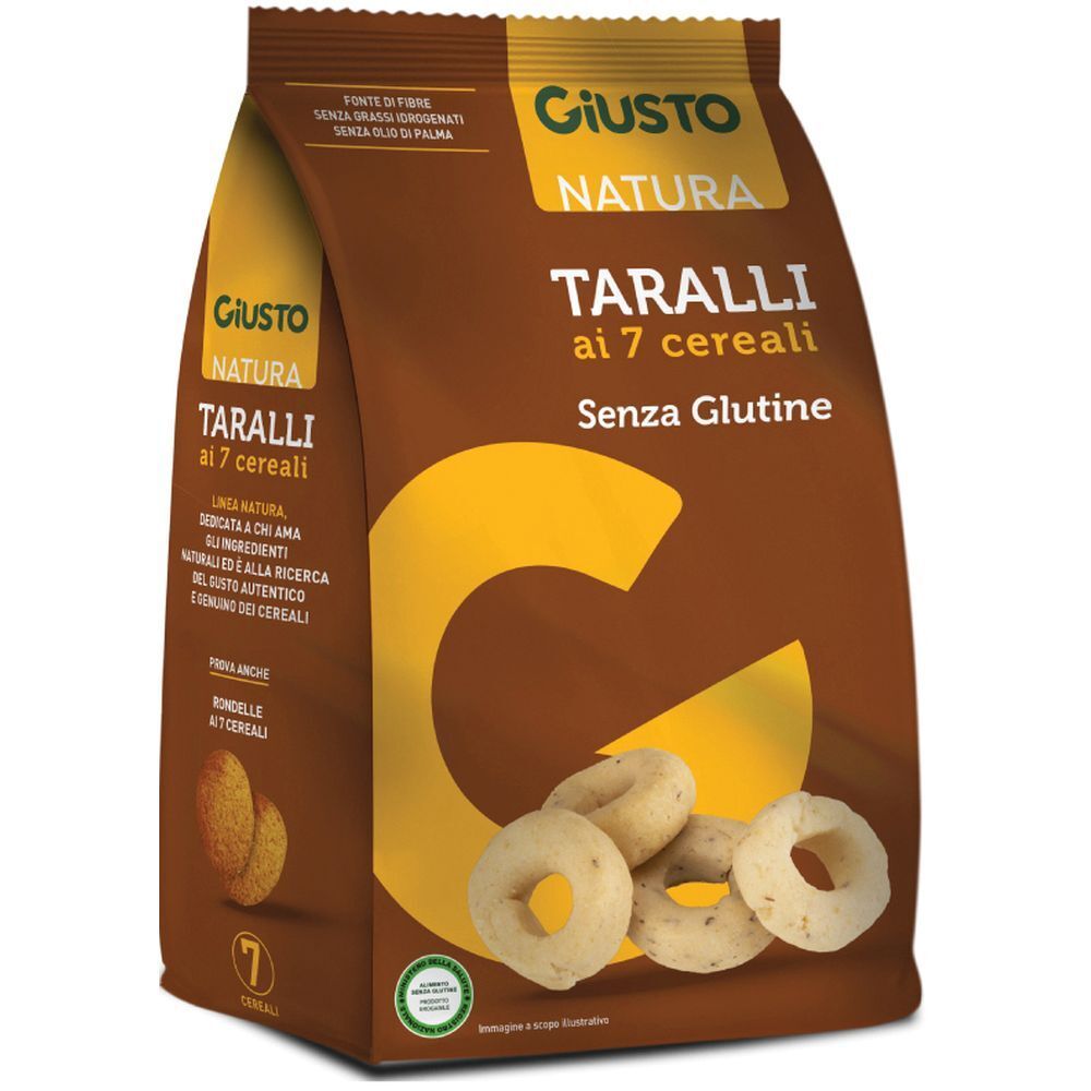 Confezione di Taralli ai 7 cereali senza glutine. Marchio Giusto Natura. Confezione marrone con logo giallo e immagine del prodotto.