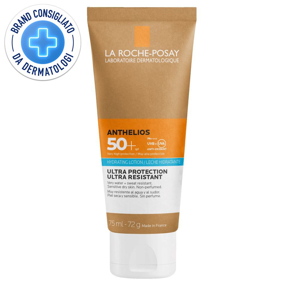 Tubo crema solare Anthelios 50+. Confezione marrone, tappo bianco. Logo "Brand Consigliato da Dermatologi".