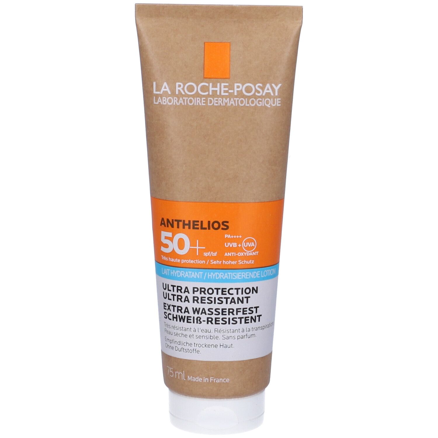 Tubo crema solare Anthelios 50+. Confezione marrone, tappo bianco. Testo: Ultra Protection, Extra resistente all'acqua.