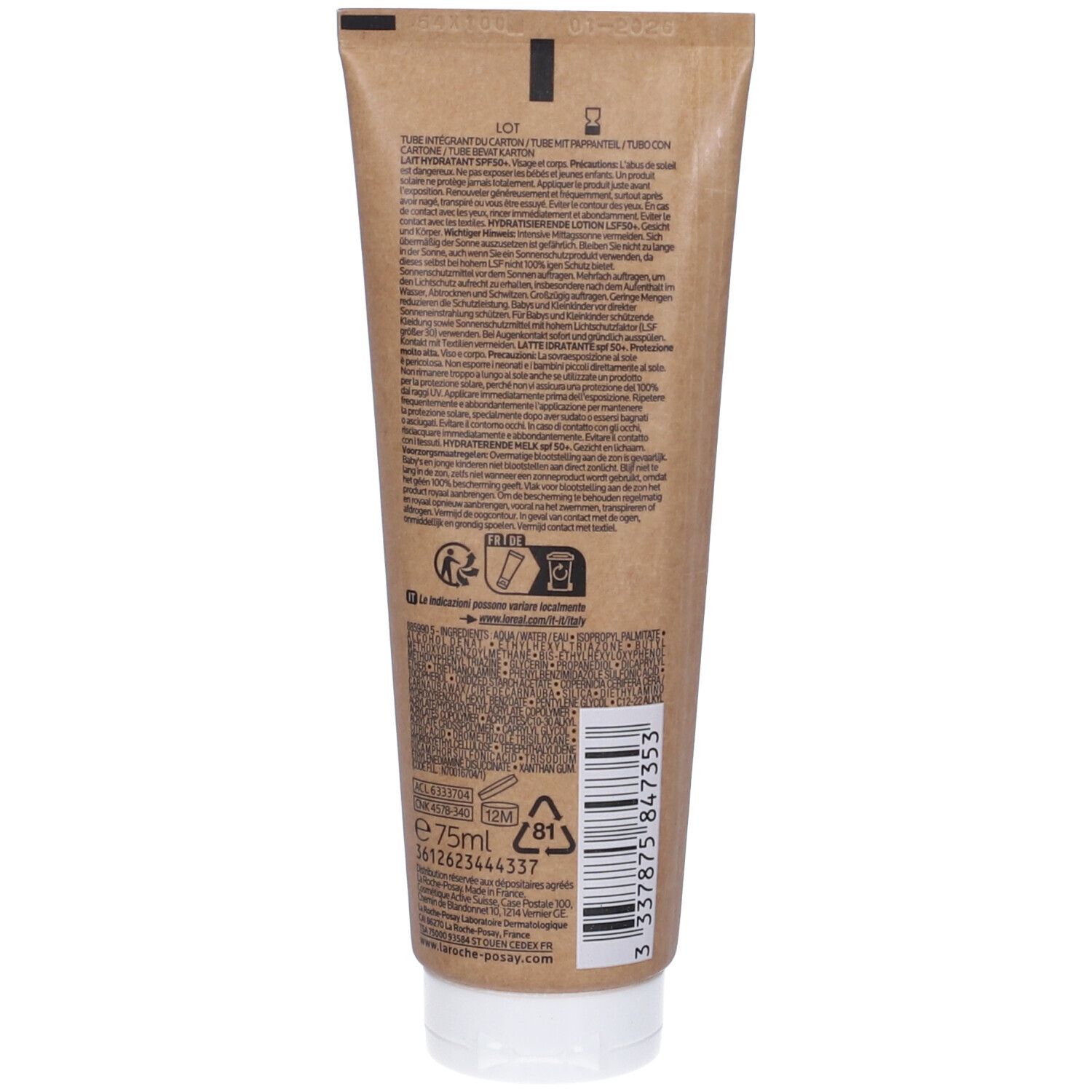 Retro di un tubo di crema solare. Confezione marrone, tappo bianco. Testo e simboli. Volume: 75ml.