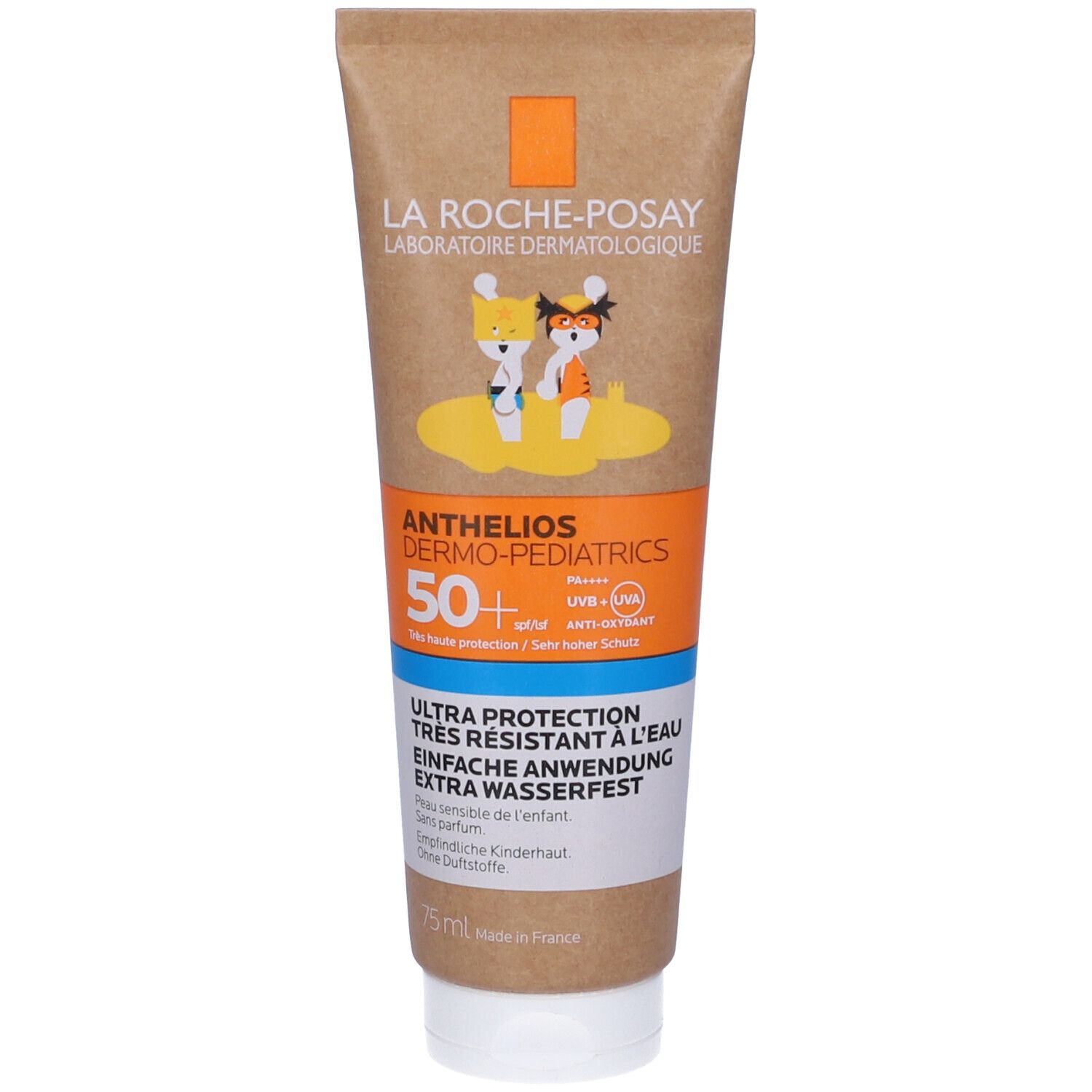 Tubo crema solare, lato frontale. La Roche-Posay Anthelios Dermo-Pediatrics SPF50+. Illustrazioni per bambini.