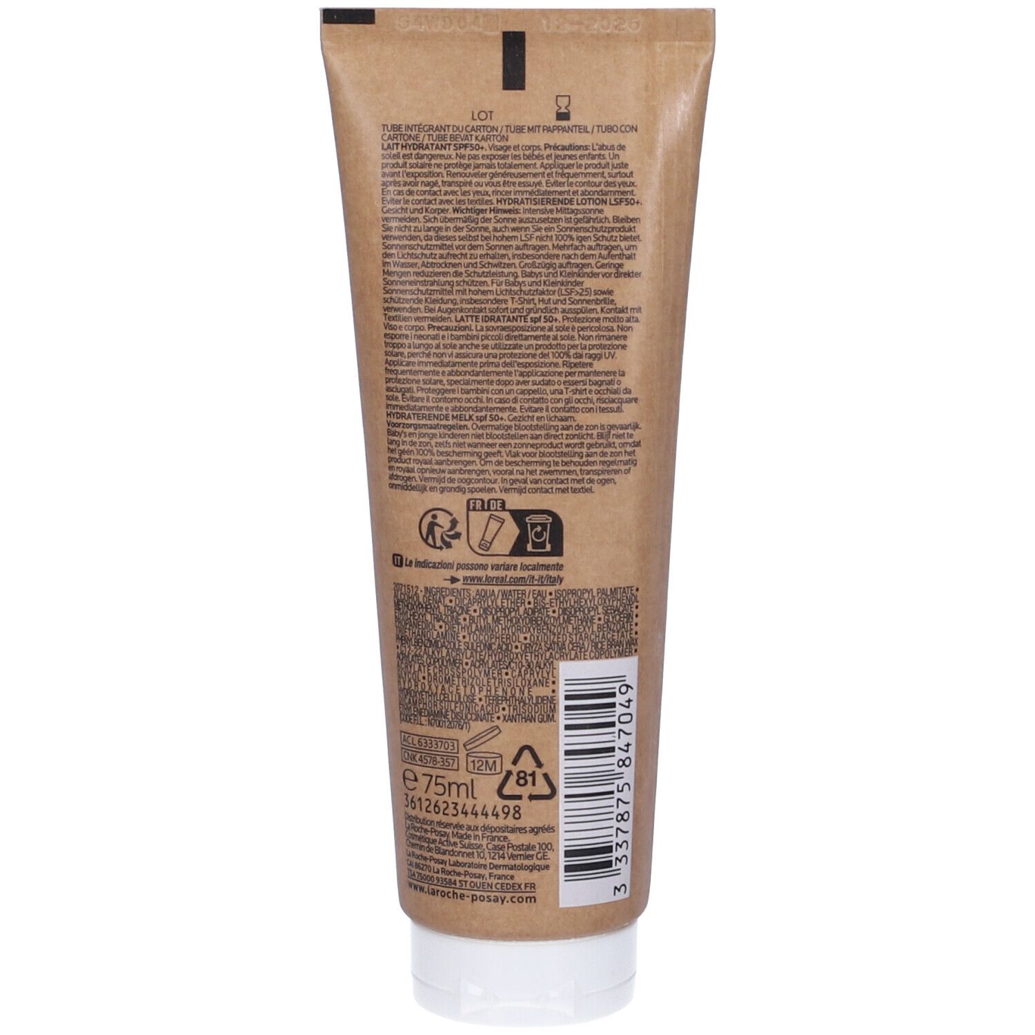 Retro del tubo di crema solare. Informazioni testuali. La Roche-Posay. Volume 75ml. Simbolo di riciclaggio.