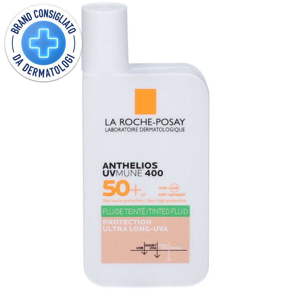Flacone bianco di protezione solare. Scritta: Anthelios UVMUNE 400, SPF 50+. Logo "Brand Consigliato da Dermatologi".