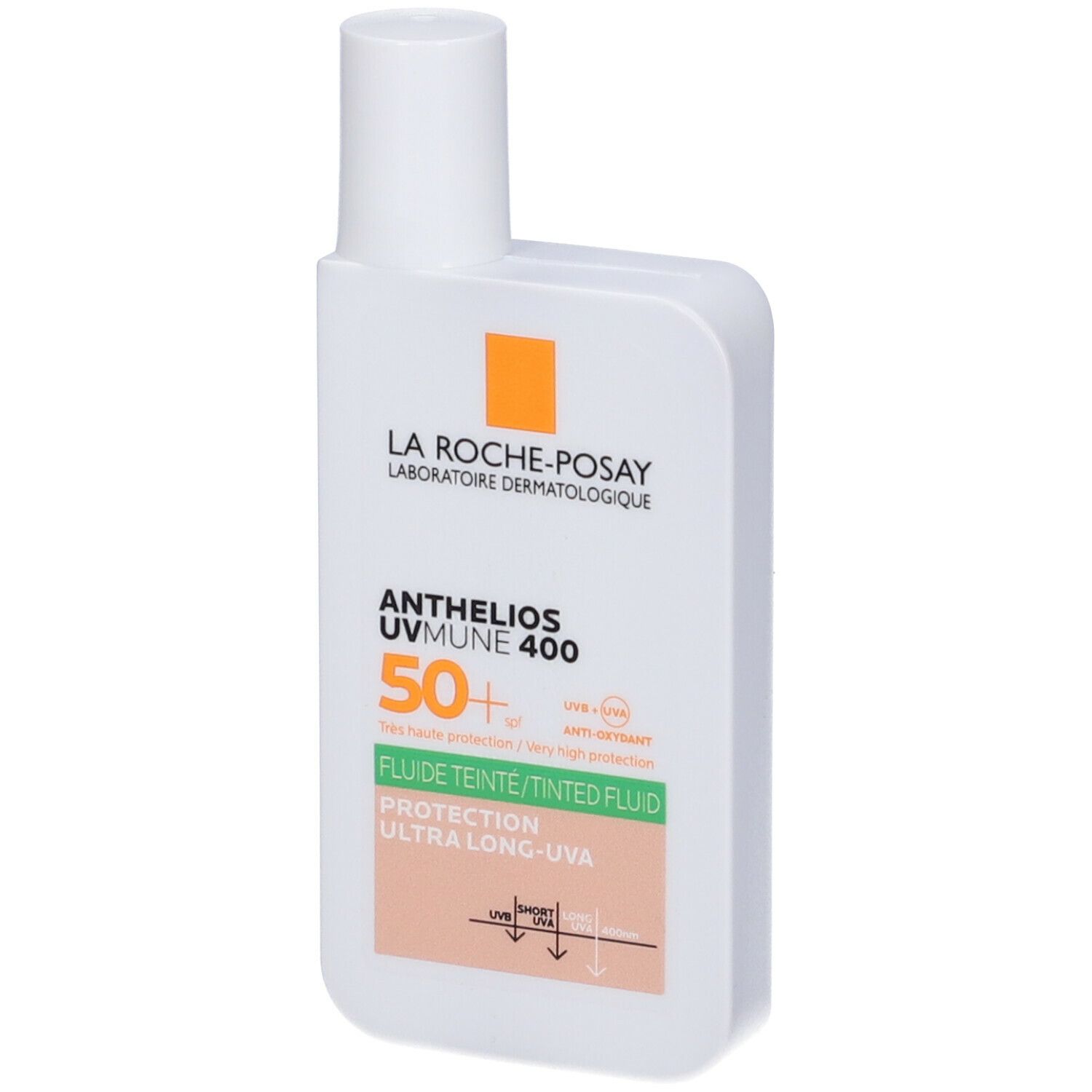 Flacone bianco di protezione solare. Scritta: Anthelios UVMUNE 400, SPF 50+. Flacone con liquido colorato.
