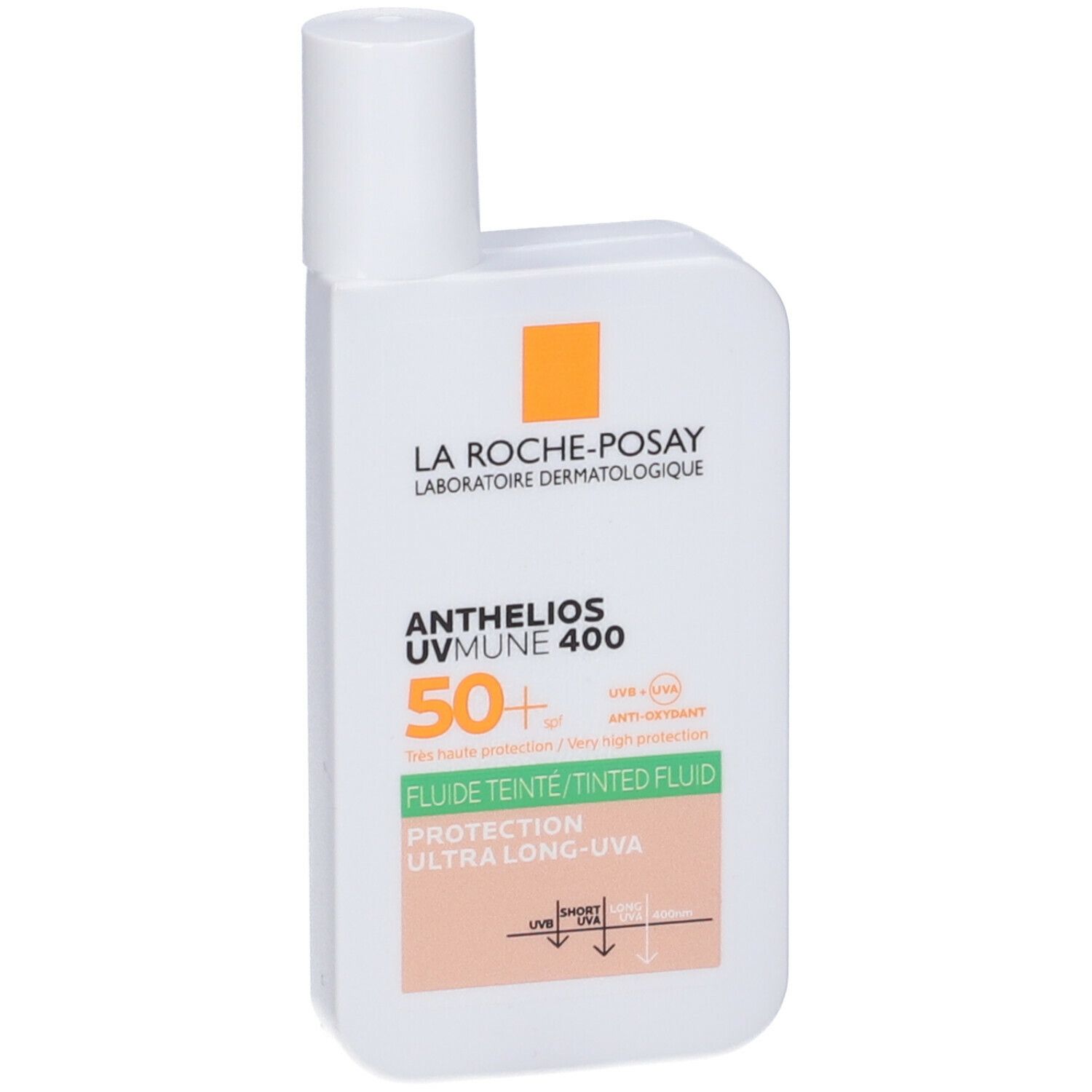 Flacone bianco di protezione solare. Scritta: Anthelios UVMUNE 400, SPF 50+. Flacone con liquido colorato.