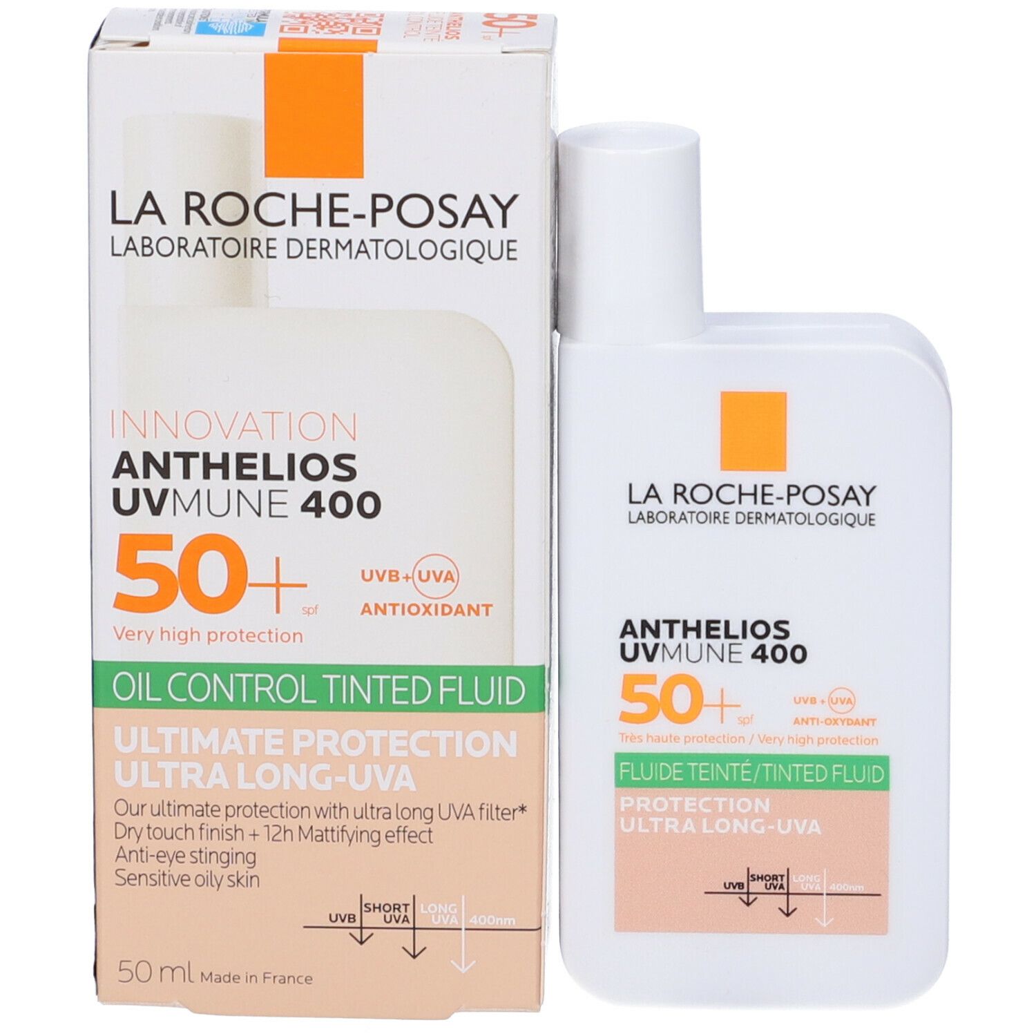 Confezione prodotto con flacone. Scritta: Anthelios UVMUNE 400, SPF 50+. Testo: Oil Control Tinted Fluid.