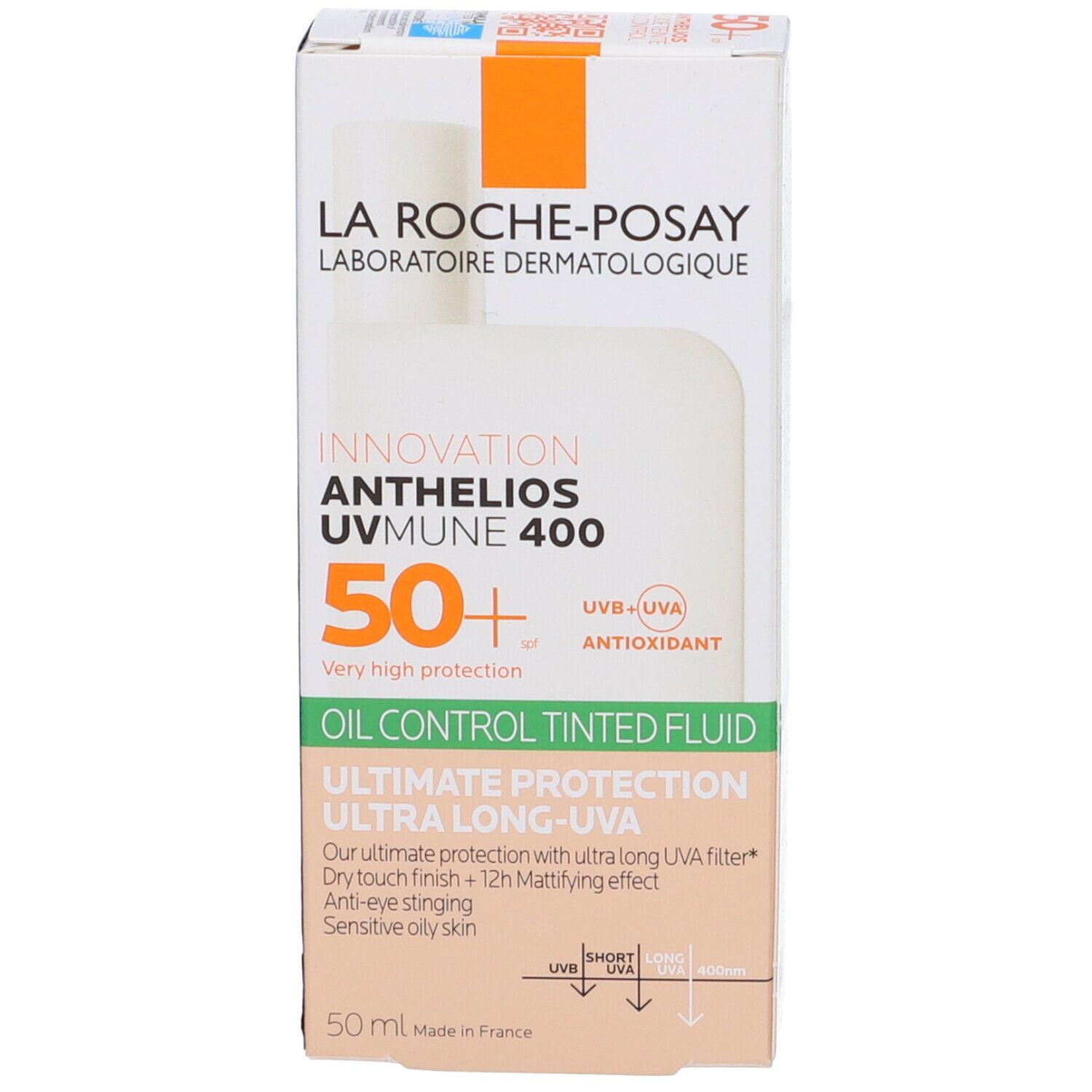 Confezione prodotto con flacone. Scritta: Anthelios UVMUNE 400, SPF 50+. Testo: Oil Control Tinted Fluid.