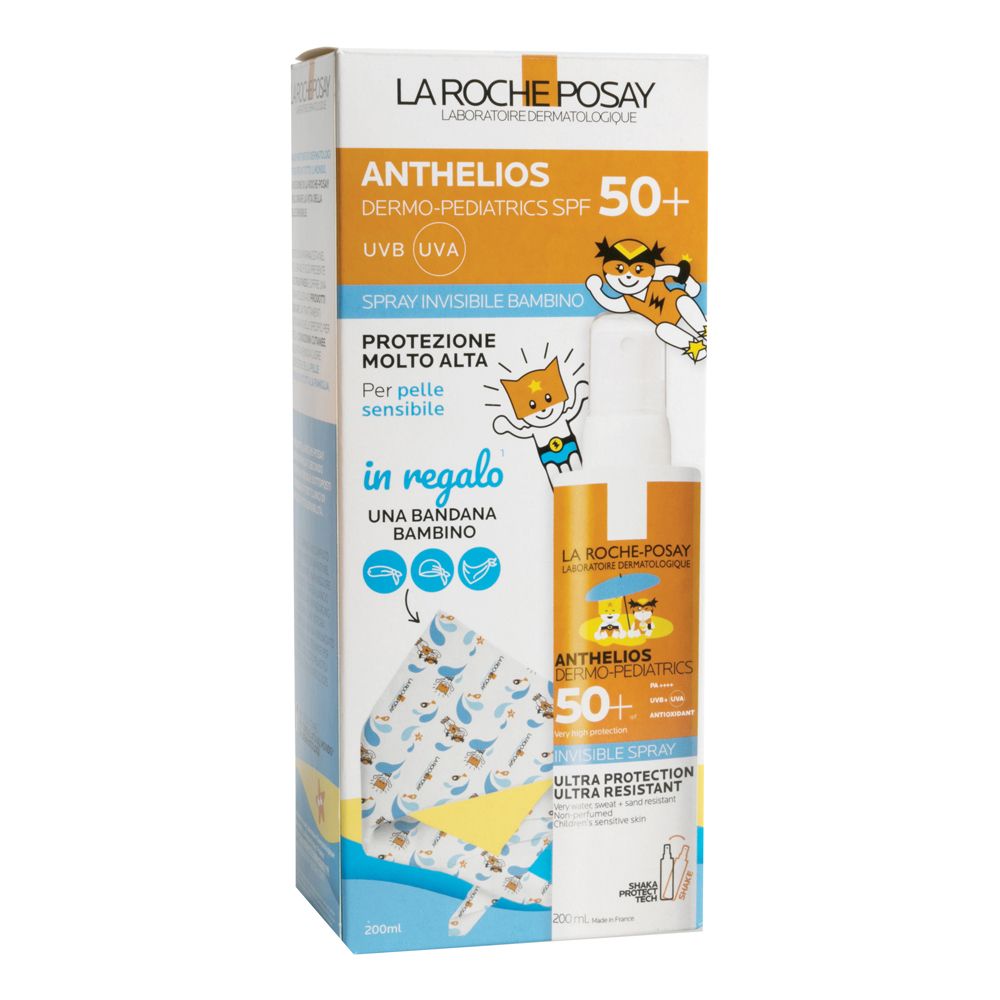 La Roche-Posay Anthelios Dermo-Pediatrics SPF 50+ Spray. Confezione con spray e bandana. Scritta: 'Protezione molto alta'.