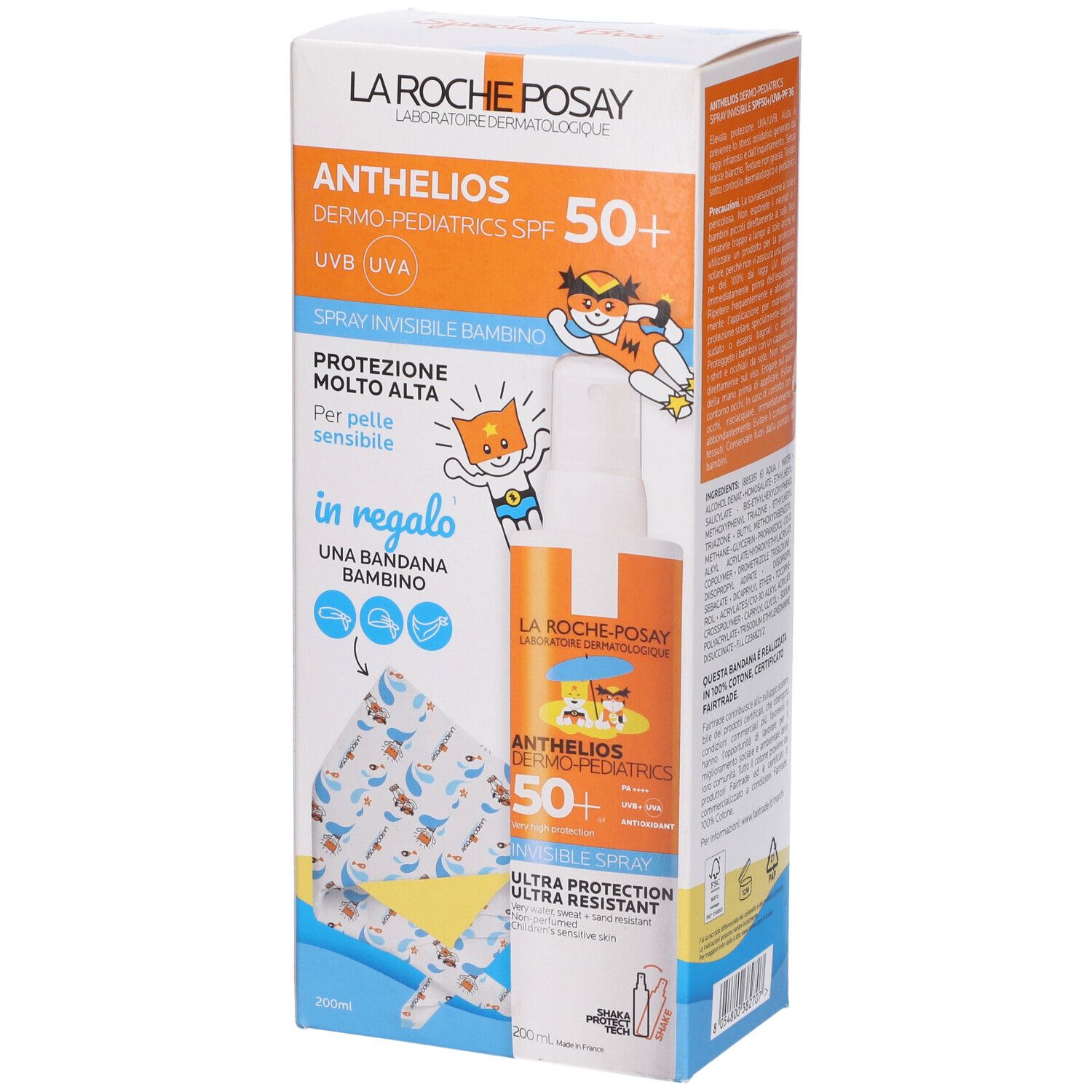 La Roche-Posay Anthelios Dermo-Pediatrics SPF 50+ Spray. Confezione con spray e bandana. Vista laterale.