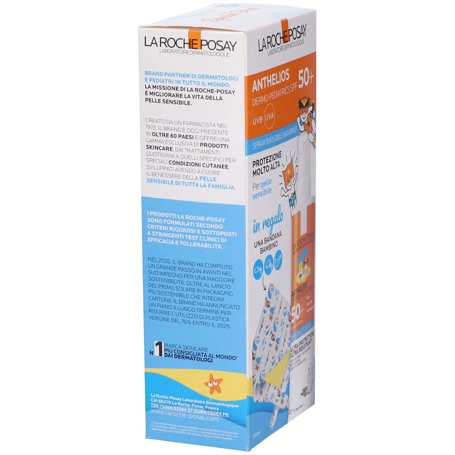 La Roche-Posay Anthelios Dermo-Pediatrics SPF 50+ Spray. Confezione, retro con testo. Contiene bandana.