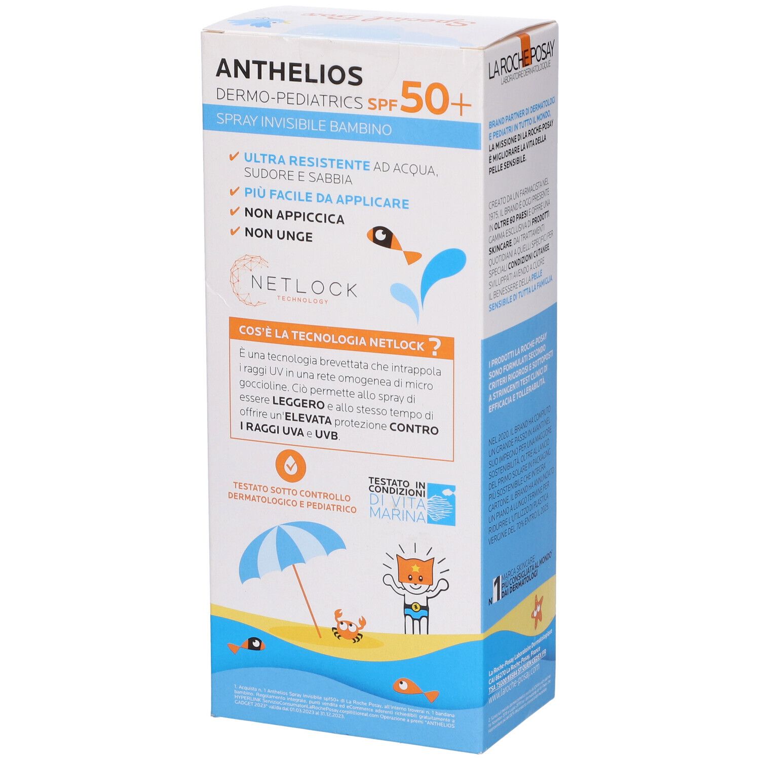 La Roche-Posay Anthelios Dermo-Pediatrics SPF 50+ Spray. Confezione, lato con testo. Tecnologia Netlock.