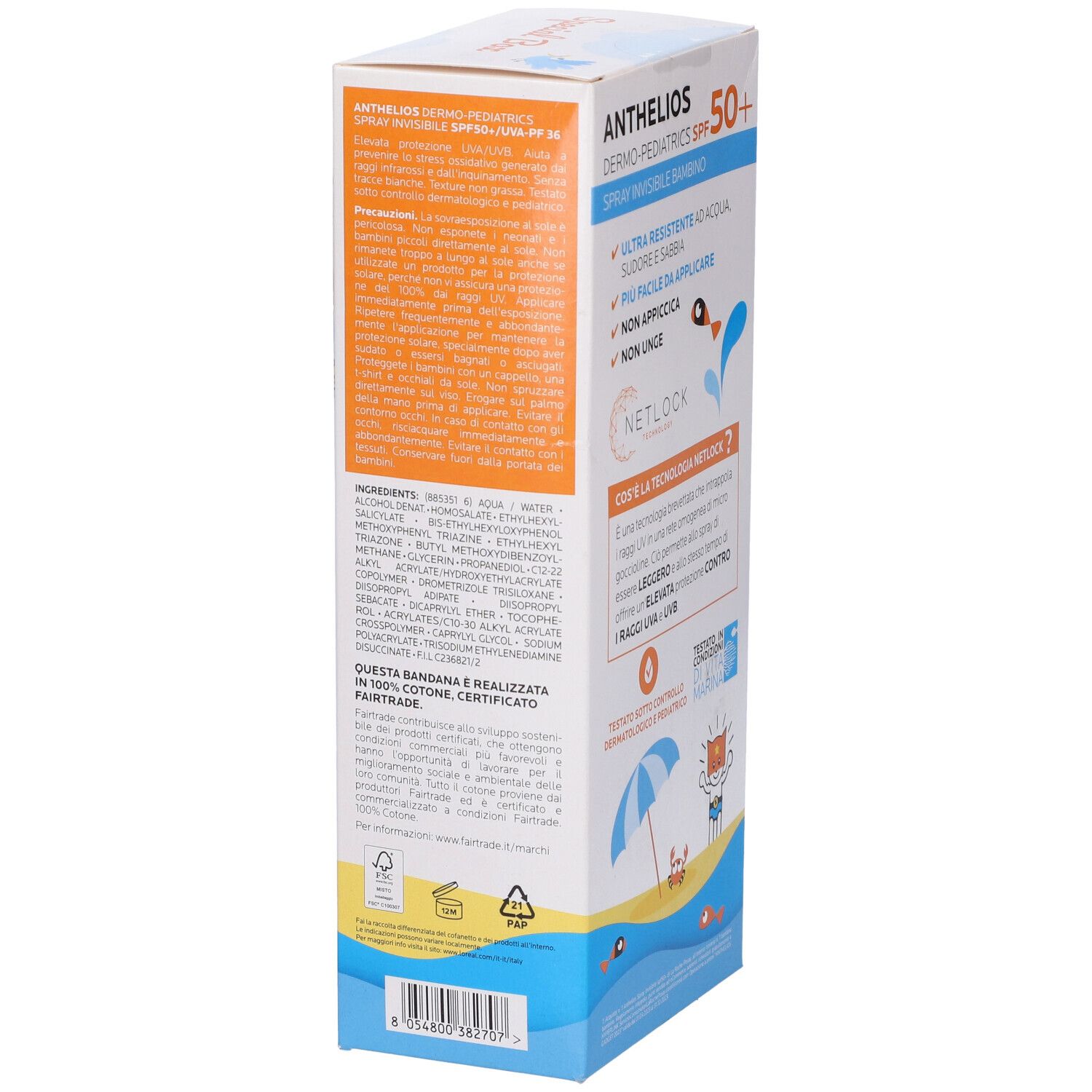 La Roche-Posay Anthelios Dermo-Pediatrics SPF 50+ Spray. Confezione, lato con ingredienti e testo.