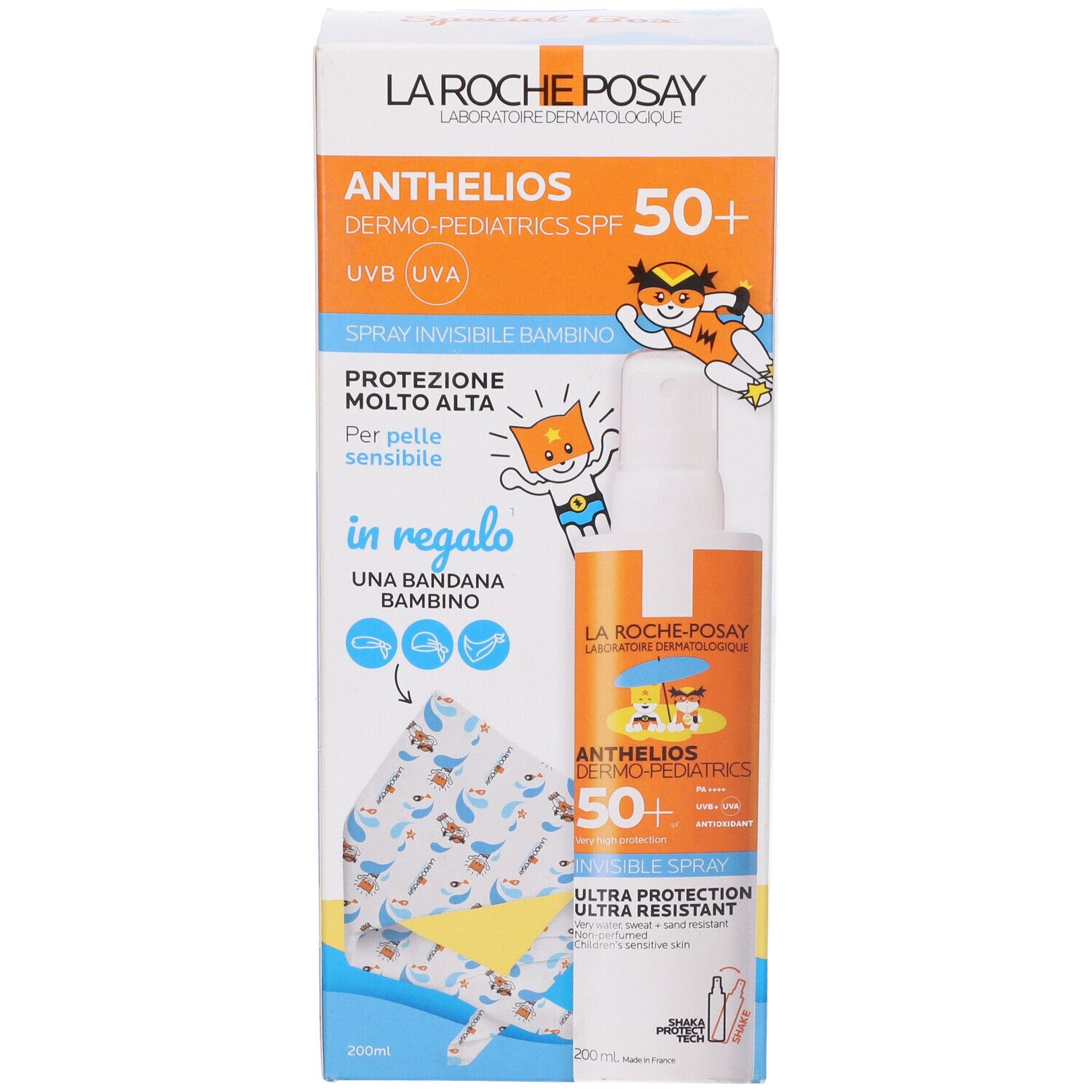 La Roche-Posay Anthelios Dermo-Pediatrics SPF 50+ Spray. Confezione con spray e bandana. Scritta: 'Protezione molto alta'.
