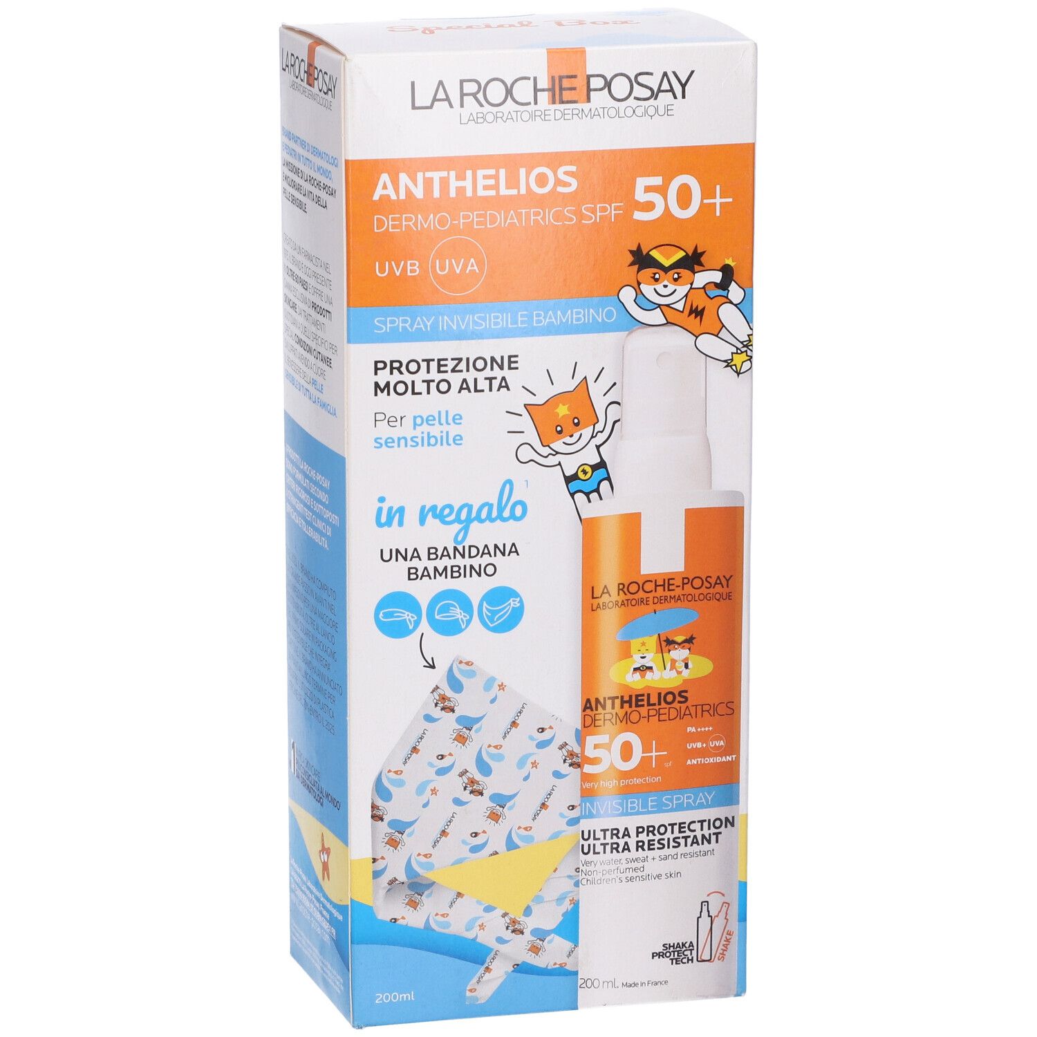 La Roche-Posay Anthelios Dermo-Pediatrics SPF 50+ Spray. Confezione con spray e bandana. Scritta: 'Protezione molto alta'.
