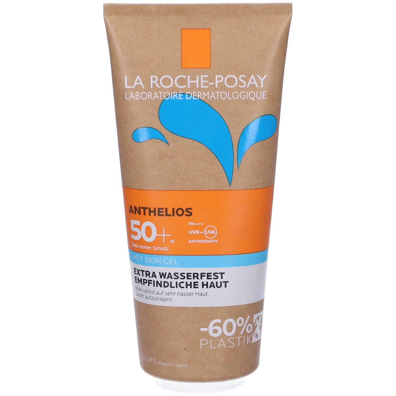 Tubo crema solare con nome prodotto e SPF 50+. Marchio La Roche-Posay. Banda arancione. 'Wet Skin Gel' e 'Extra resistente all'acqua'.