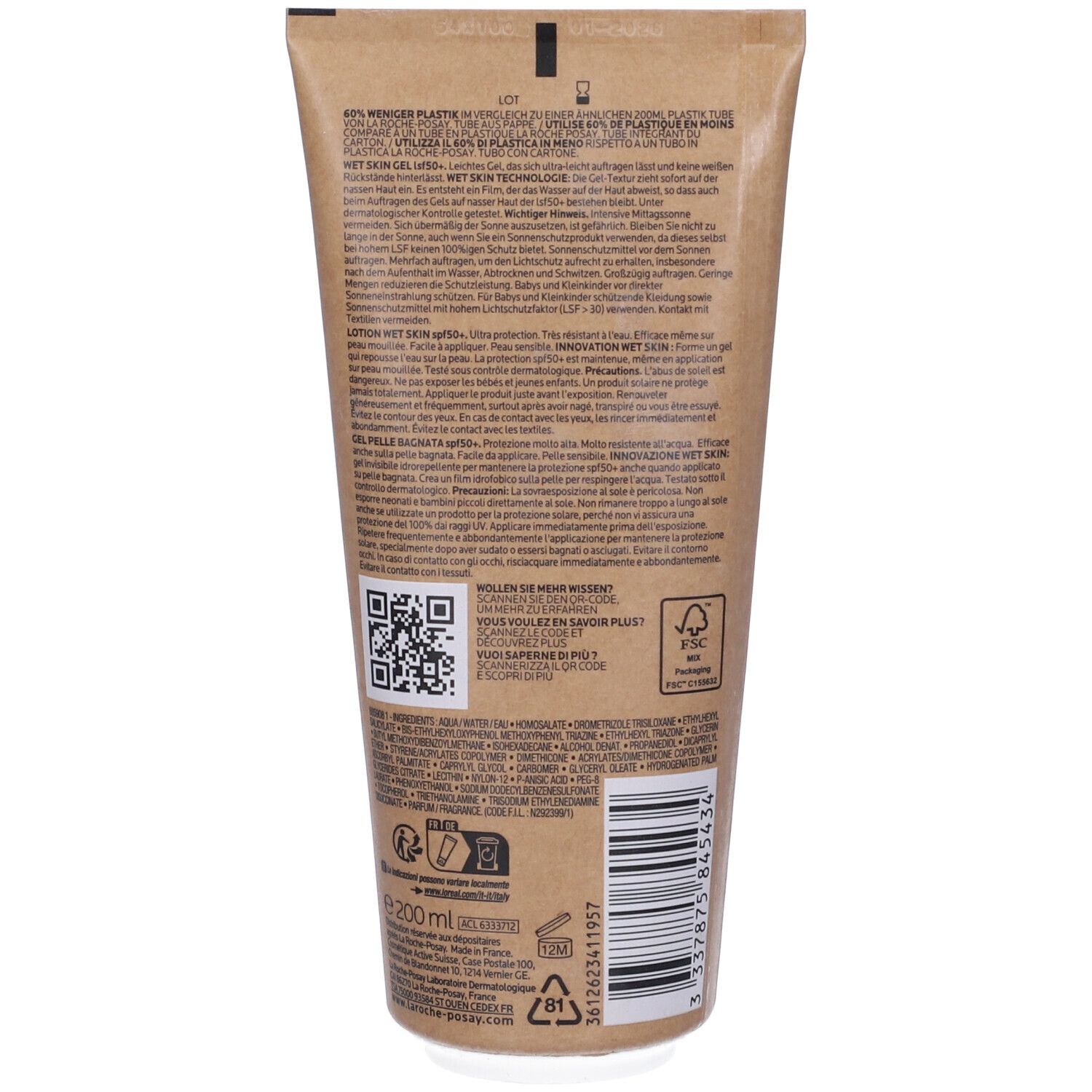 Retro di un tubo di crema solare. Testo multilingue. Codice a barre e QR code. Marchio La Roche-Posay. Volume: 200 ml.