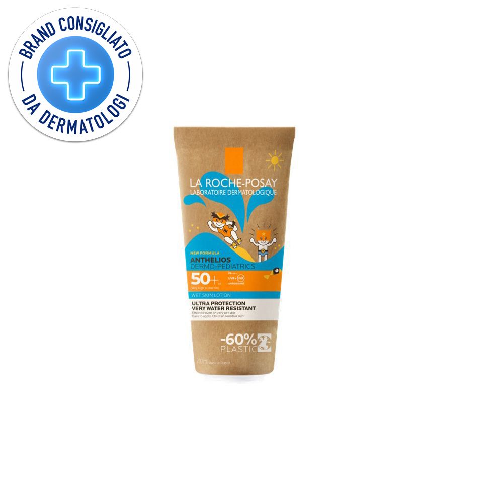Tubo crema solare Anthelios Dermo-Pediatrics SPF 50+ con illustrazioni. Logo "Brand Consigliato da Dermatologi".
