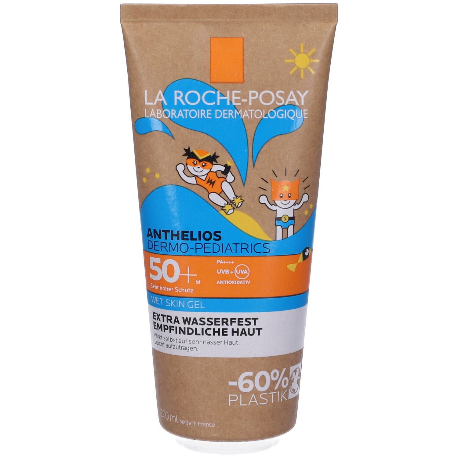 Tubo crema solare Anthelios Dermo-Pediatrics SPF 50+ con illustrazioni. Testo: Wet Skin Gel.