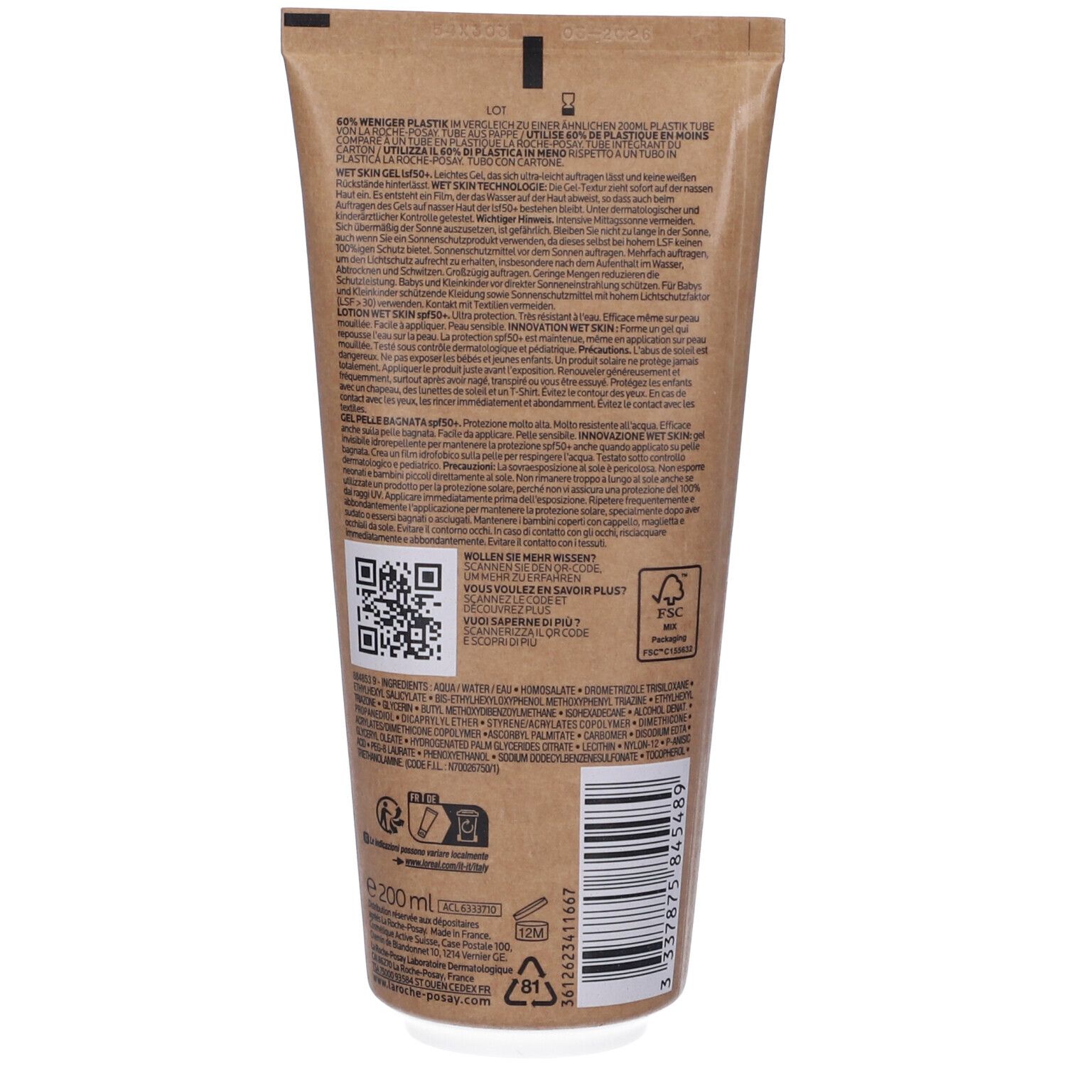 Retro del tubo crema solare. Testo, codice QR, codice a barre e logo FSC. Volume: 200 ml.