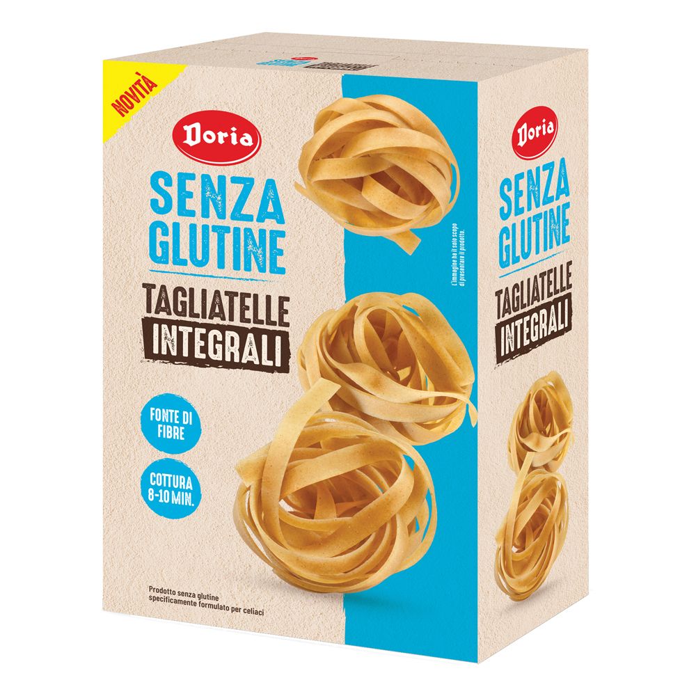 Verpackung von Doria Tagliatelle Integrali. Aufschrift: Senza Glutine, Tagliatelle Integrali. Abgebildet sind Nudeln.