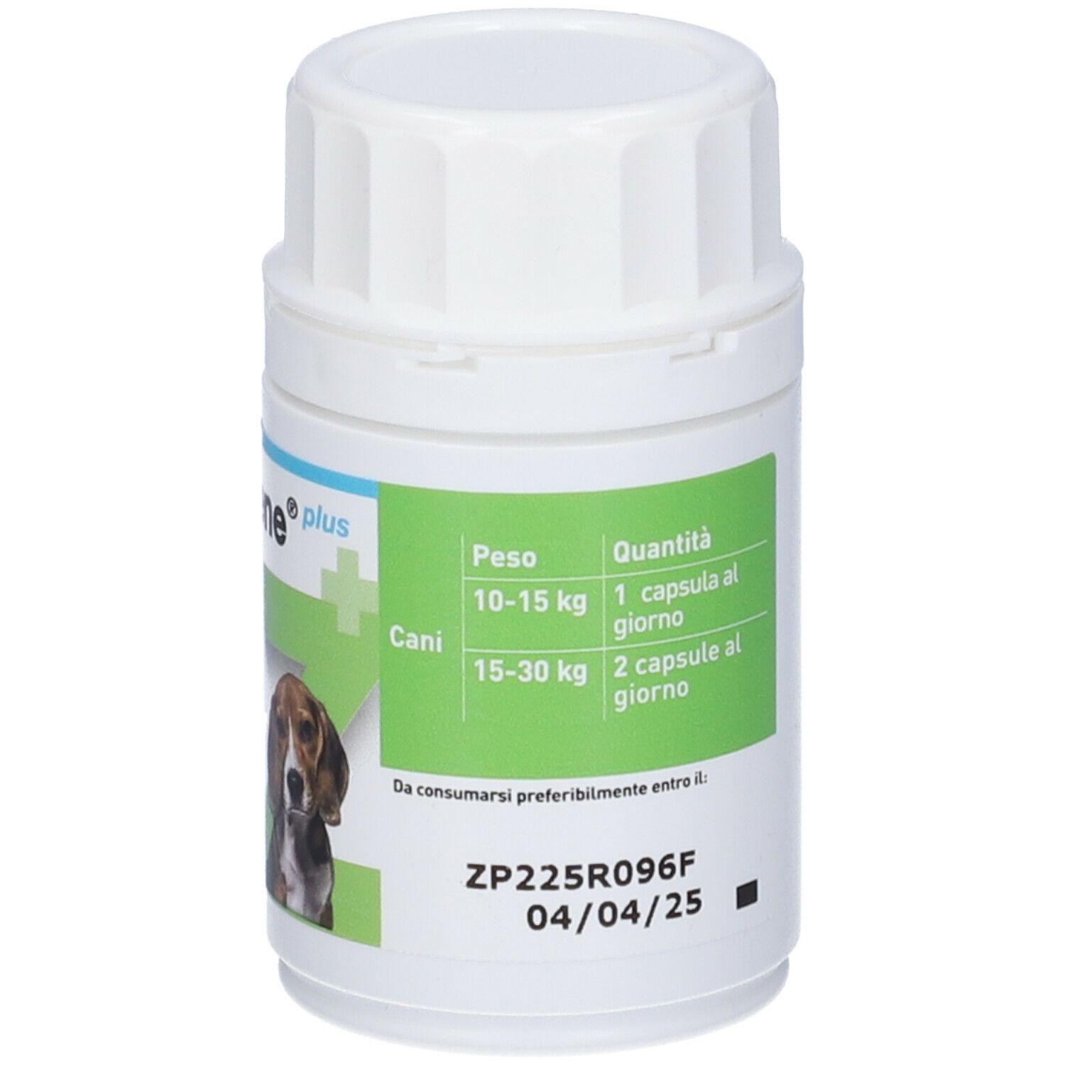 Zylkene Plus Kapseldose für Hunde, 30 Kapseln, Dosierungstabelle.