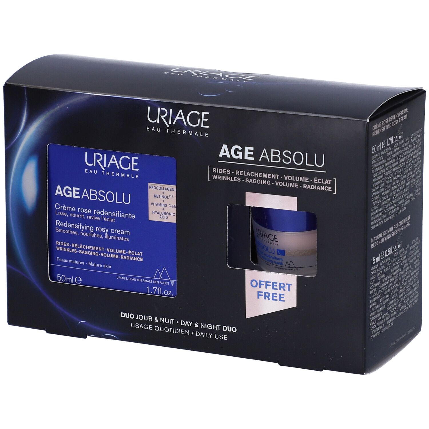 Confezione regalo Uriage Age Absolu. Crema e maschera notte. Confezione blu e bianca con immagine del prodotto.
