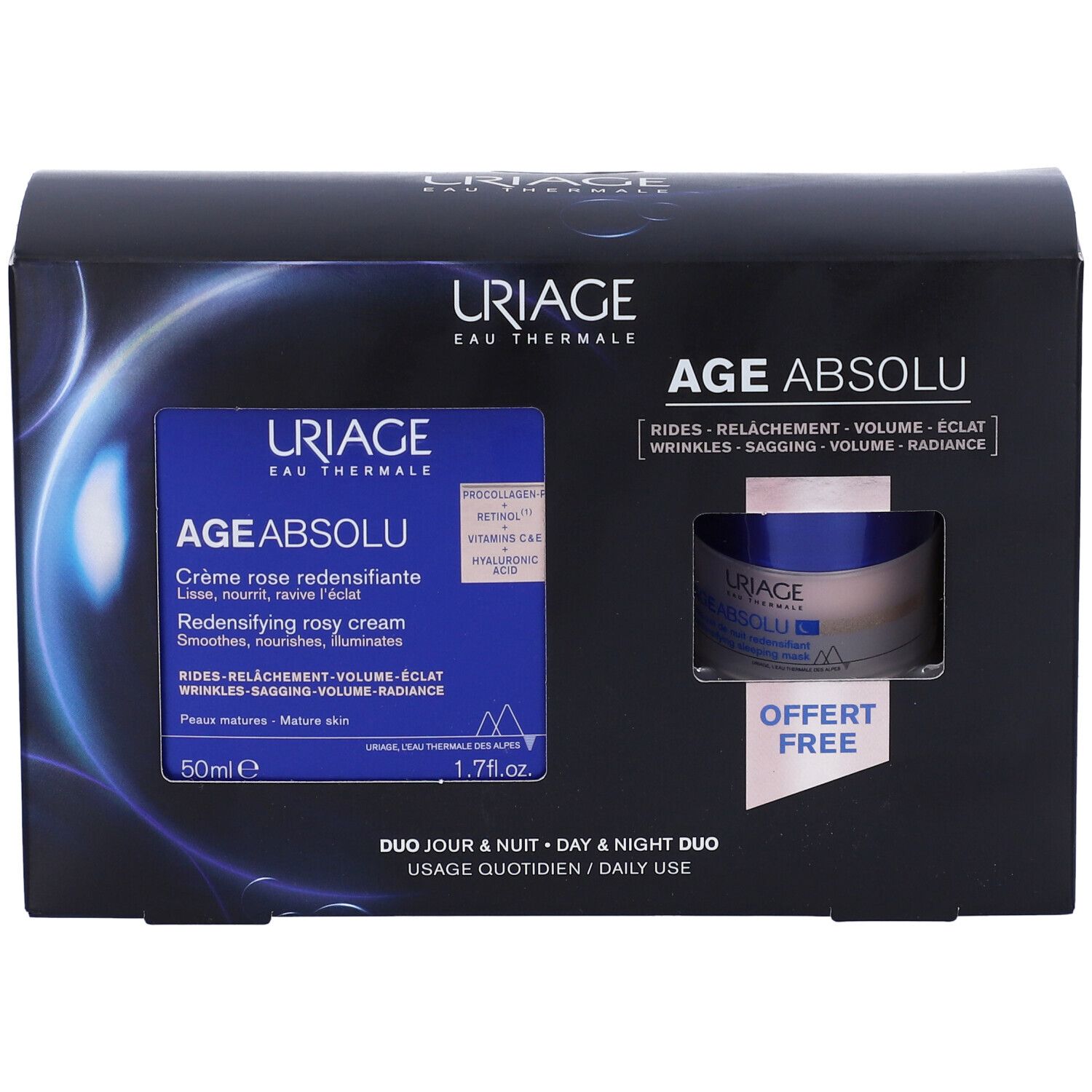 Confezione regalo Uriage Age Absolu. Contiene crema e maschera notte. Confezione blu e bianca.