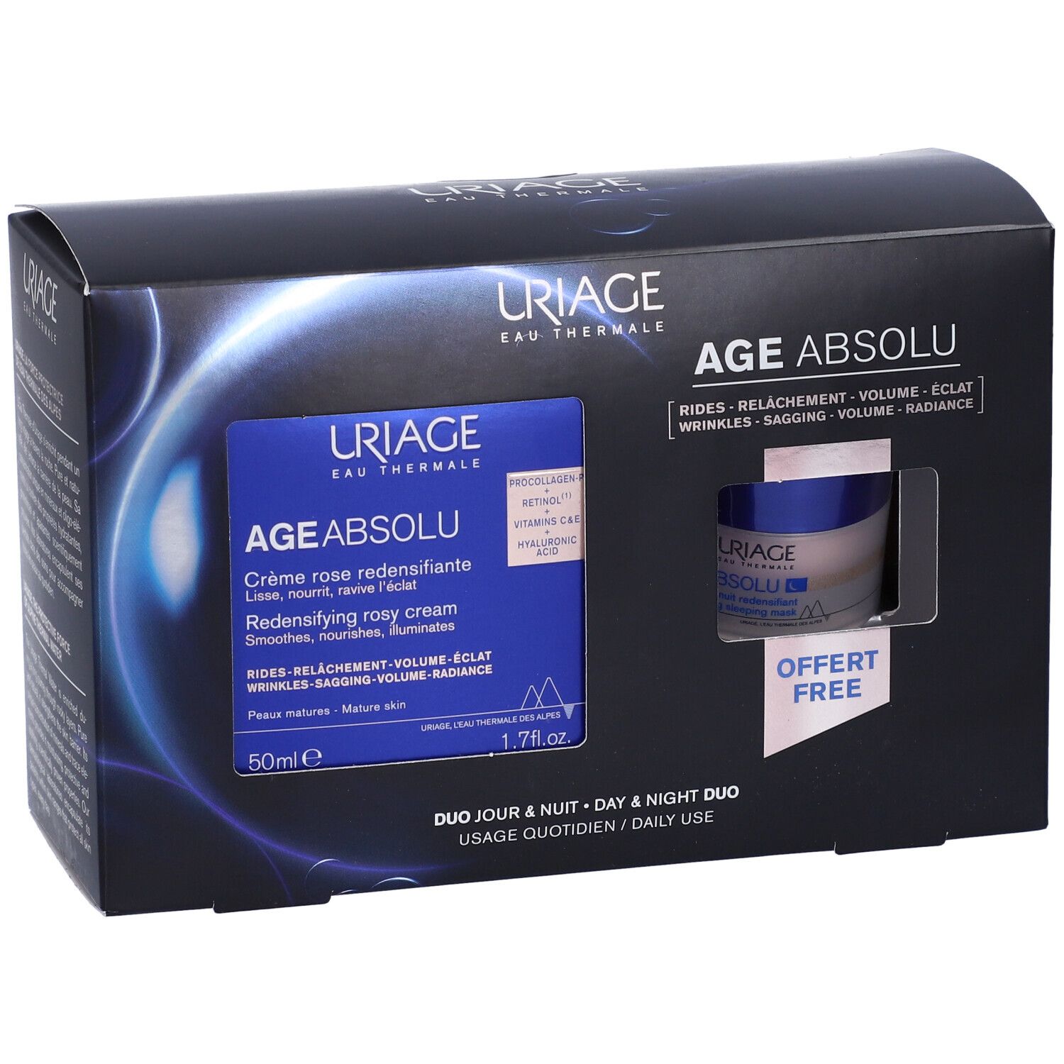 Confezione regalo Uriage Age Absolu. Crema e maschera notte. Confezione blu e bianca con immagine del prodotto.