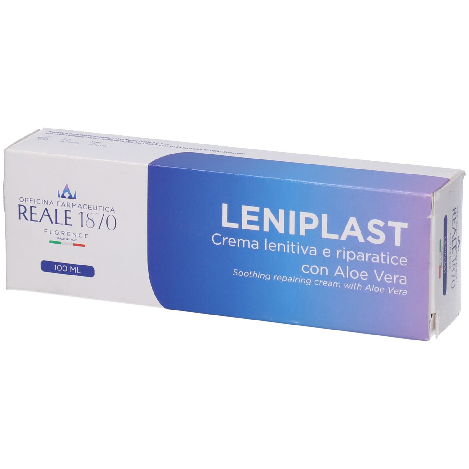 Weiße Verpackung mit blauer Schrift. Text: Leniplast, Creme lenitiva e riparatrice con Aloe Vera. Logo Reale 1870.
