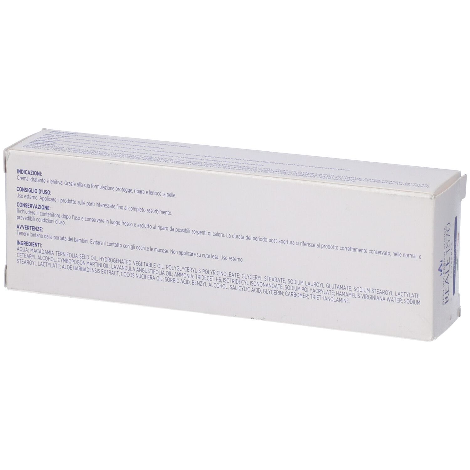 Weiße Verpackung mit Text. Text: Indikationen, Anwendung, Vorsichtsmaßnahmen, Inhaltsstoffe. Rückseite der Produktverpackung.