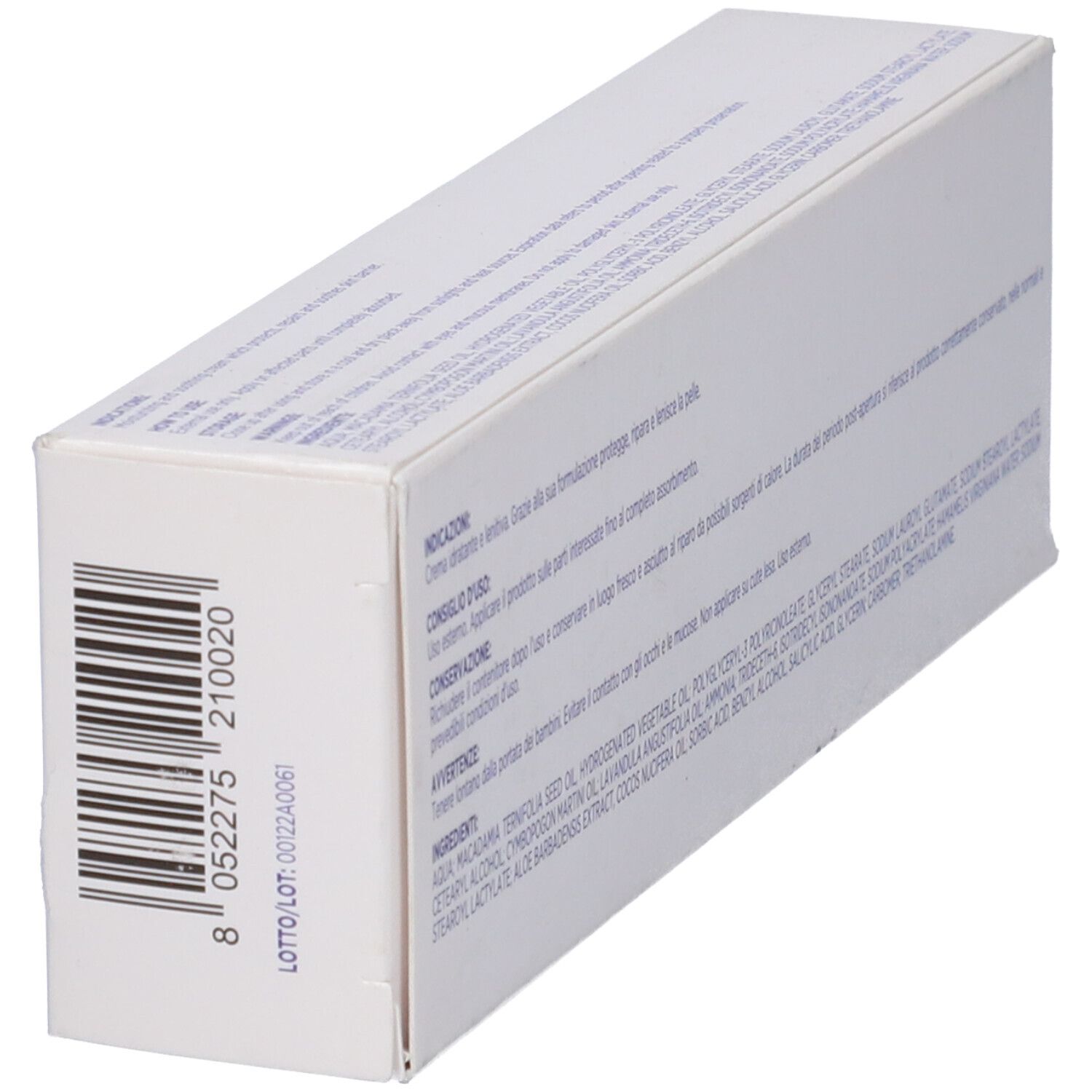 Weiße Verpackung mit Text und Barcode. Text: Indikationen, Anwendung, Vorsichtsmaßnahmen, Inhaltsstoffe. Rückseite der Verpackung.