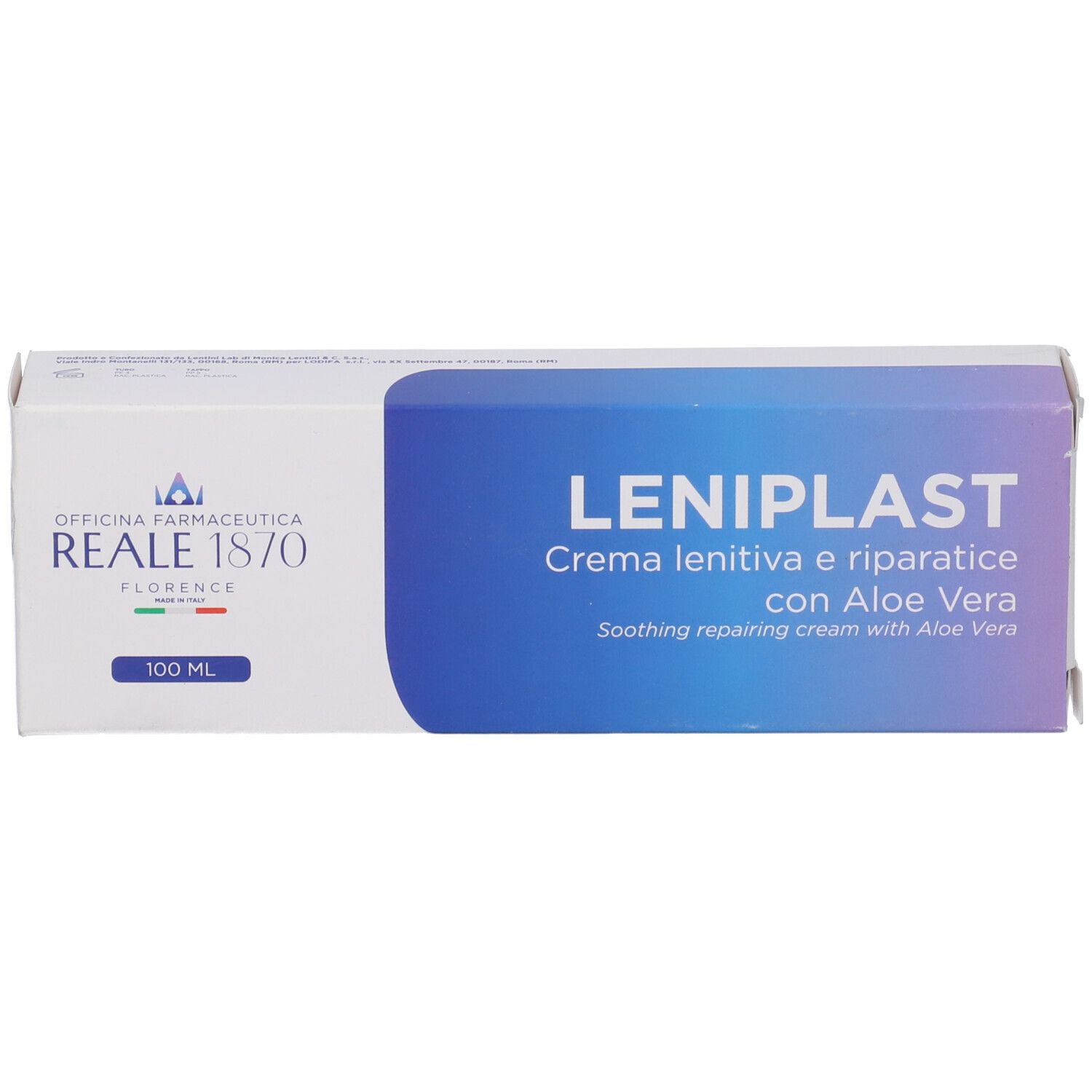 Weiße Verpackung mit blauer Schrift. Text: Leniplast, Creme lenitiva e riparatrice con Aloe Vera. Logo Reale 1870.