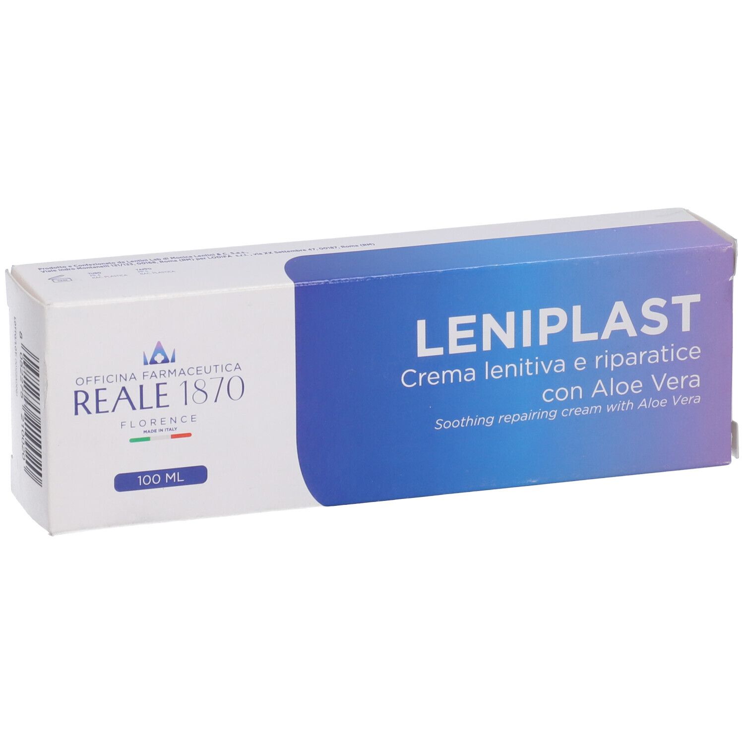 Weiße Verpackung mit blauer Schrift. Text: Leniplast, Creme lenitiva e riparatrice con Aloe Vera. Logo Reale 1870.