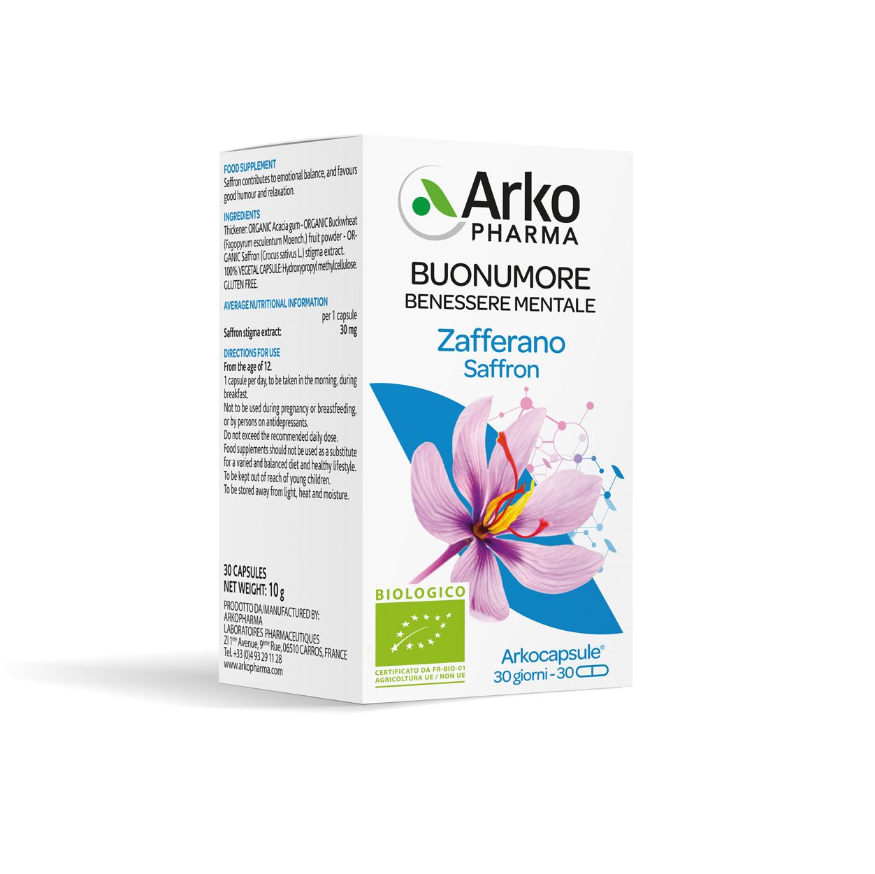 Scatola bianca con informazioni sul prodotto. Scritto: Arko Pharma, Buonumore, Zafferano, Zafferano. Con marchio biologico e 30 capsule.