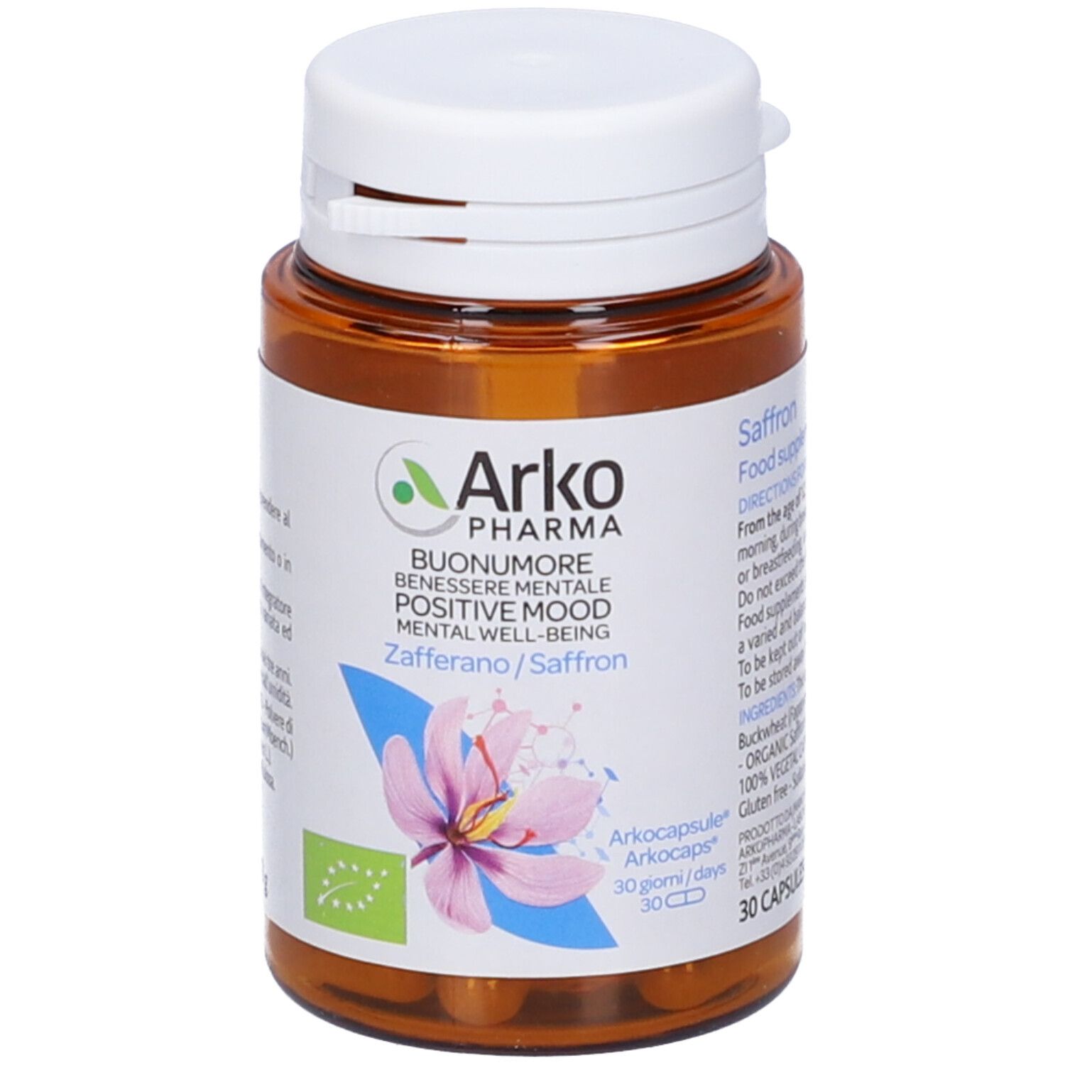 Flacone marrone con tappo bianco. Scritto: Arko Pharma, Buonumore, Zafferano/Zafferano. Con 30 capsule. Marchio biologico.