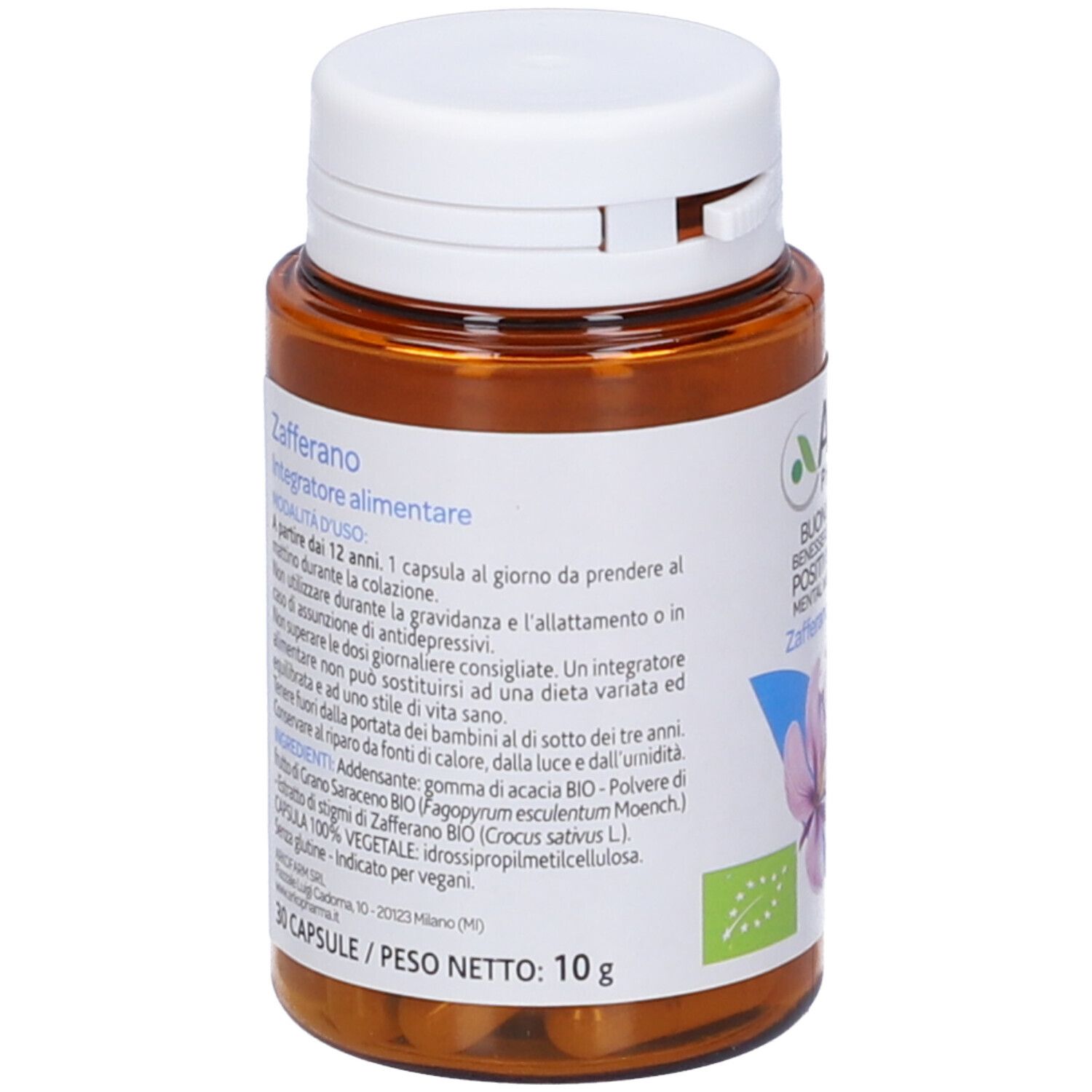 Flacone marrone con tappo bianco. Scritto: Zafferano, integratore alimentare. Con 30 capsule. Marchio biologico.