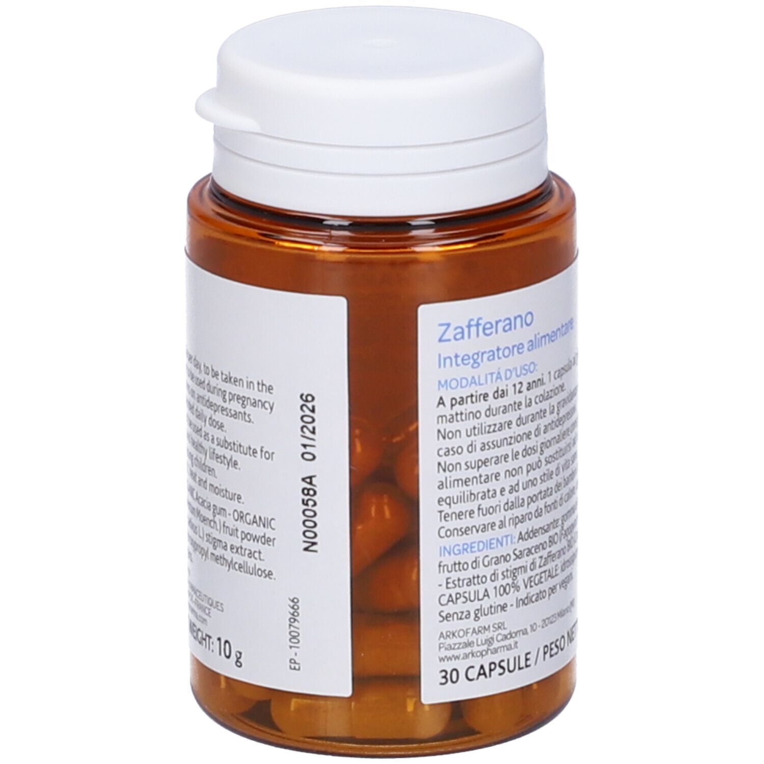 Flacone marrone con tappo bianco. Scritto: Zafferano, integratore alimentare. Scadenza 01/2026. Con 30 capsule.