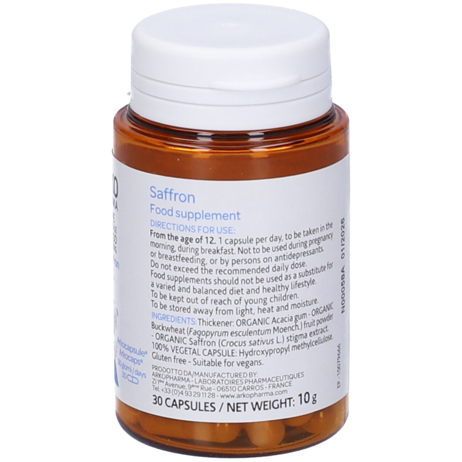 Flacone marrone con tappo bianco. Scritto: Saffron, integratore alimentare. Con 30 capsule. 10g.