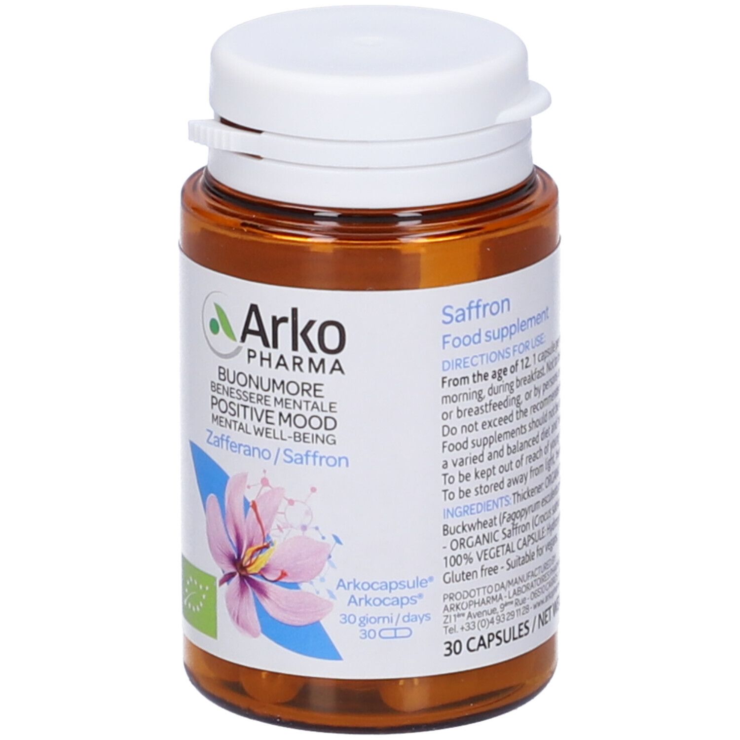 Flacone marrone con tappo bianco. Scritto: Arko Pharma, Buonumore, Zafferano/Zafferano. Con 30 capsule. Marchio biologico.