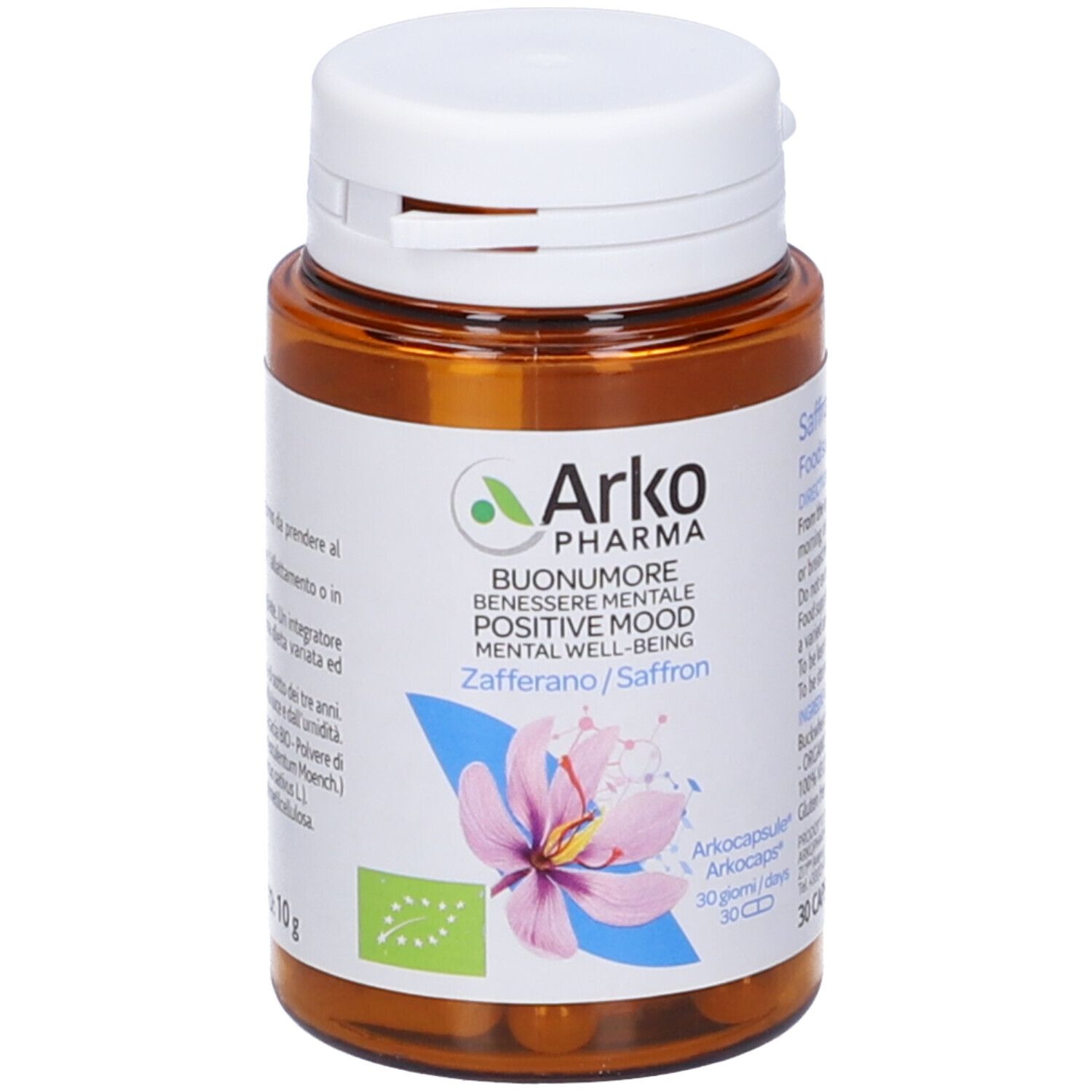 Flacone marrone con tappo bianco. Scritto: Arko Pharma, Buonumore, Zafferano/Zafferano. Con 30 capsule. Marchio biologico.