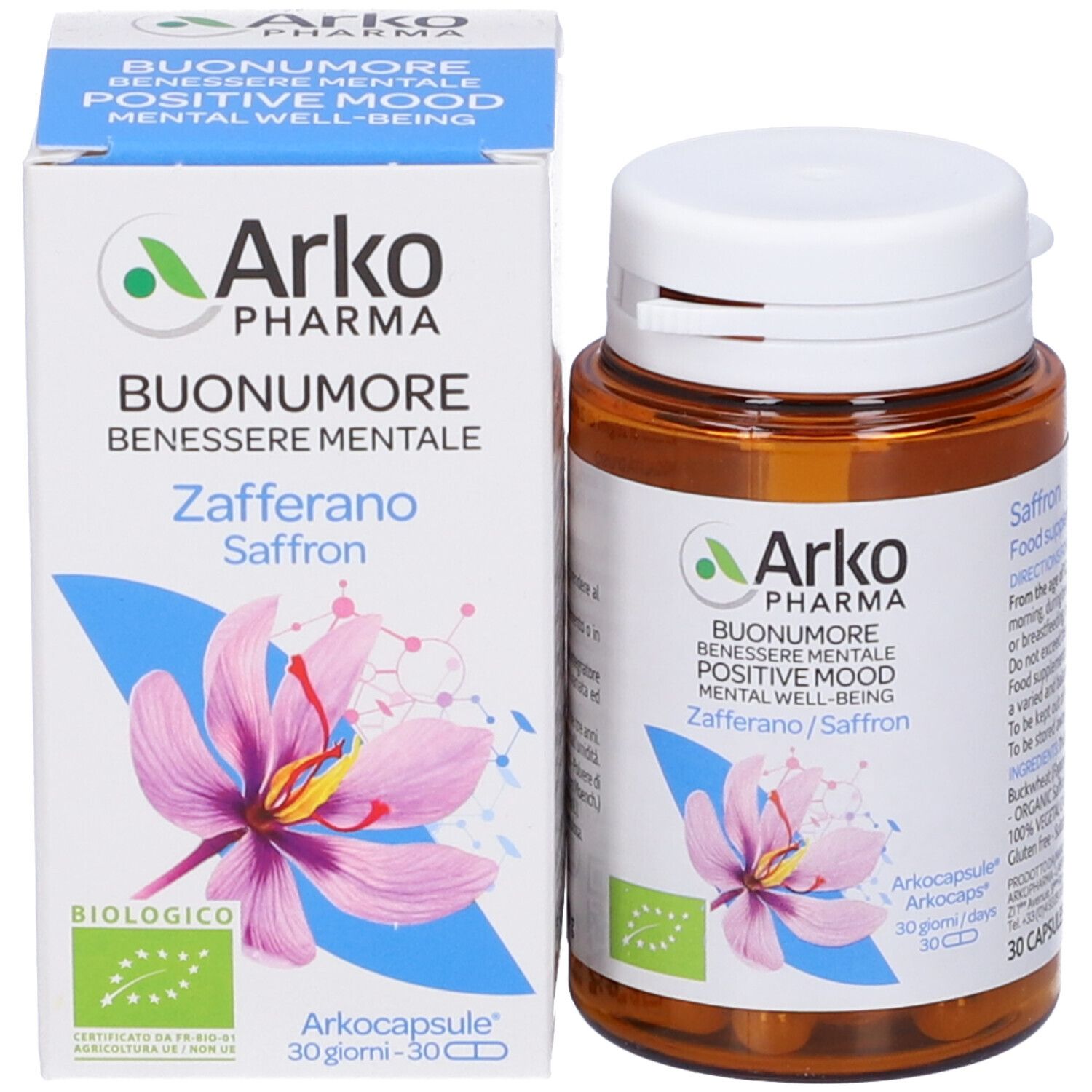 Confezione del prodotto: flacone e scatola. Scritto: Arko Pharma, Buonumore, Zafferano/Zafferano. Con 30 capsule. Marchio biologico.