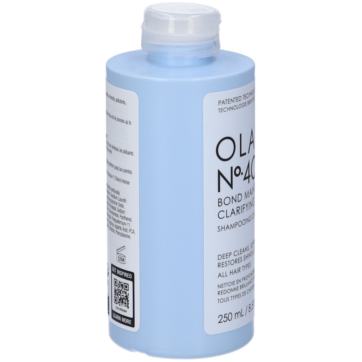 Helle blaue Flasche mit OLAPLEX No. 4 Bond Maintenance Clarifying Shampoo, 250 ml.
