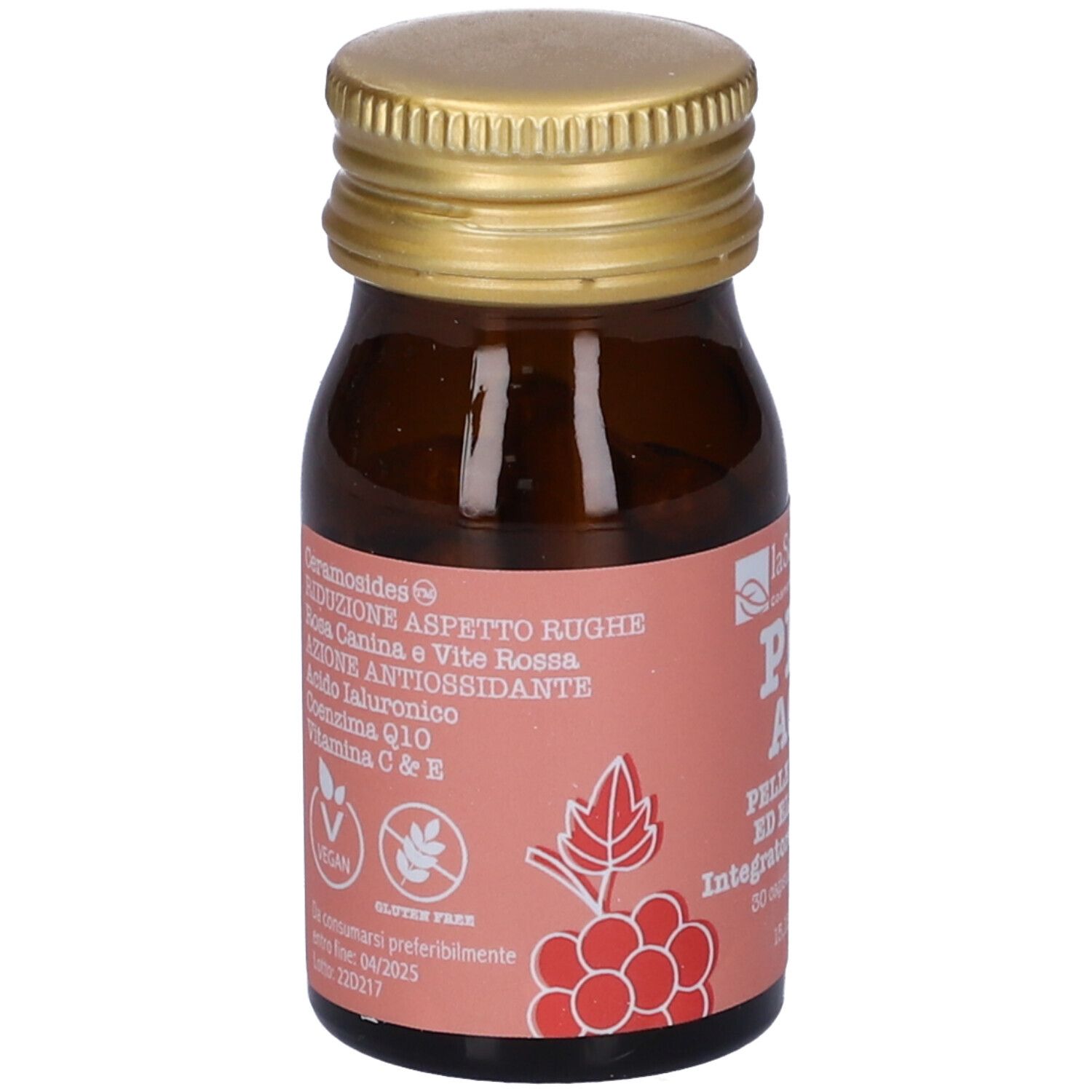 Flacone di vetro marrone con tappo dorato. Etichetta con nome del prodotto, ingredienti e loghi. Sfondo rosa con elementi floreali.