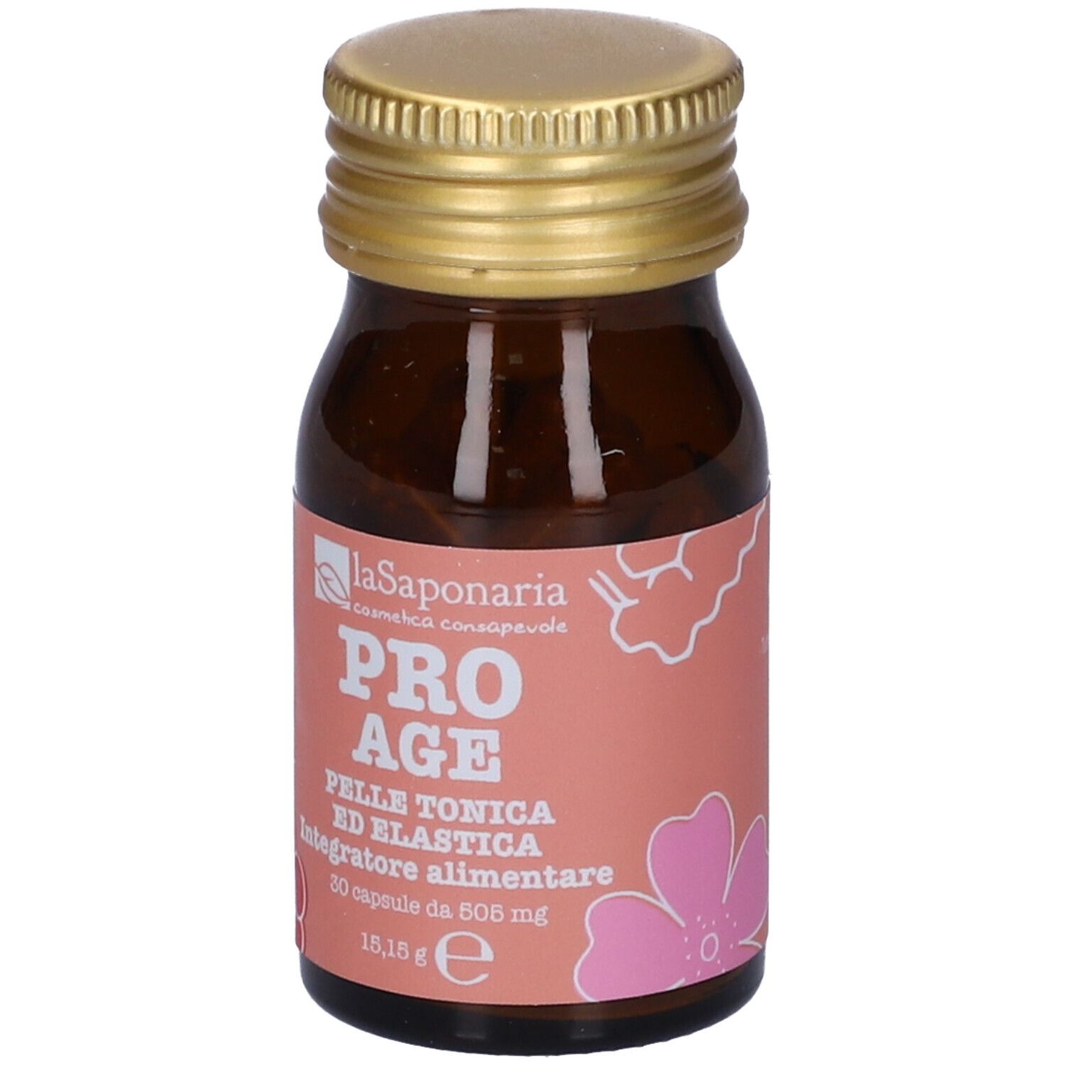 Flacone di vetro marrone con tappo dorato. Etichetta con nome del prodotto e informazioni. Sfondo rosa con elementi floreali.
