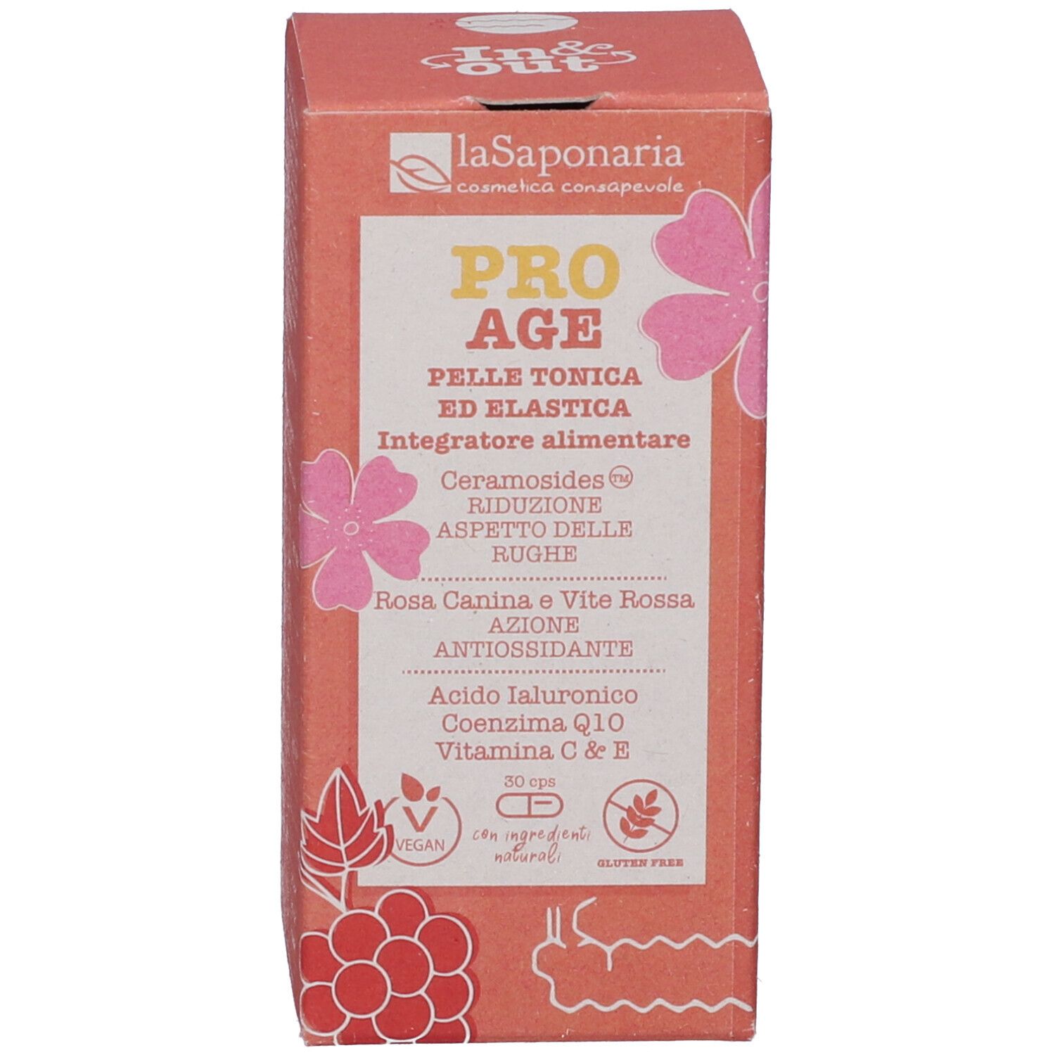 Scatola con nome del prodotto e ingredienti. Sfondo rosa con elementi floreali. Loghi vegano e senza glutine.
