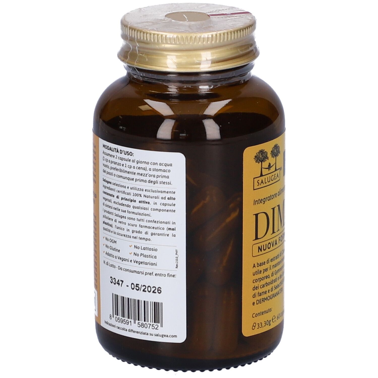 Flacone del prodotto con etichetta e tappo dorato. Retro con testo e data di scadenza.
