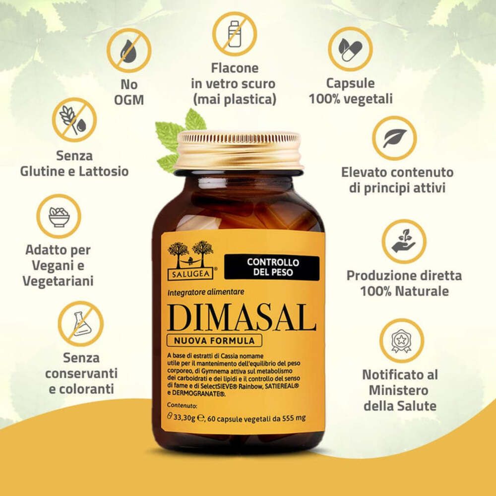 Flacone del prodotto con testo e simboli. Simboli: Senza OGM, senza glutine, vegano, senza conservanti, vetro scuro, capsule 100% vegetali.