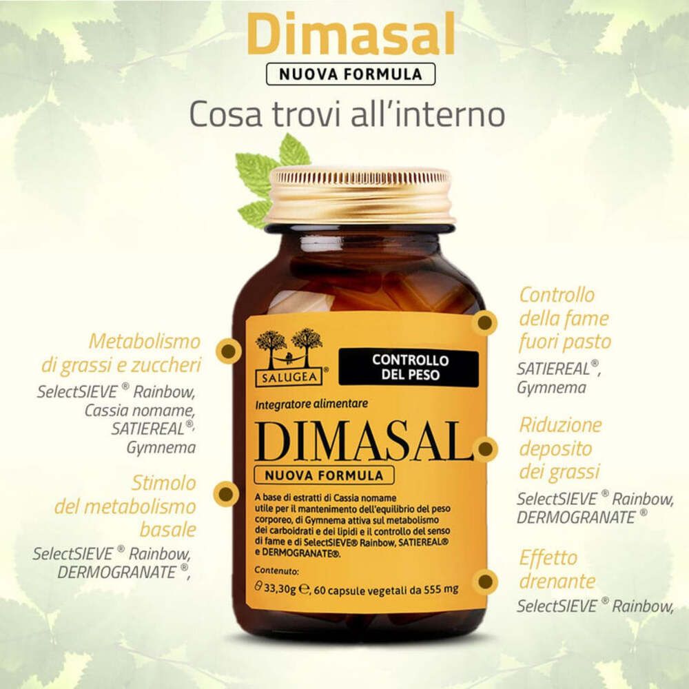 Flacone del prodotto con testo e marcatori. Marcatori: Metabolismo, fame, riduzione grassi, effetto drenante.