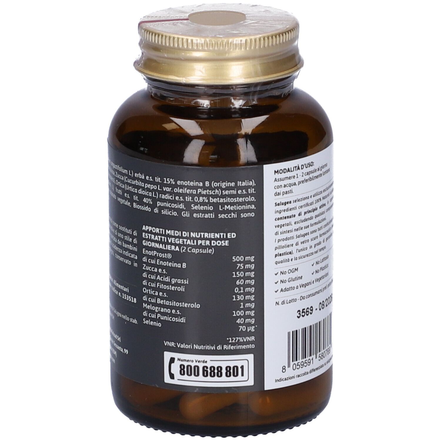 Retro del flacone del prodotto. Etichetta con ingredienti e informazioni nutrizionali.